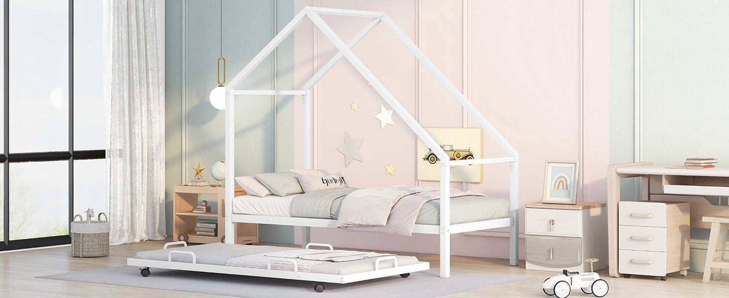 Metal House Bed With Trundle, Twin Size House Bed White White Metal