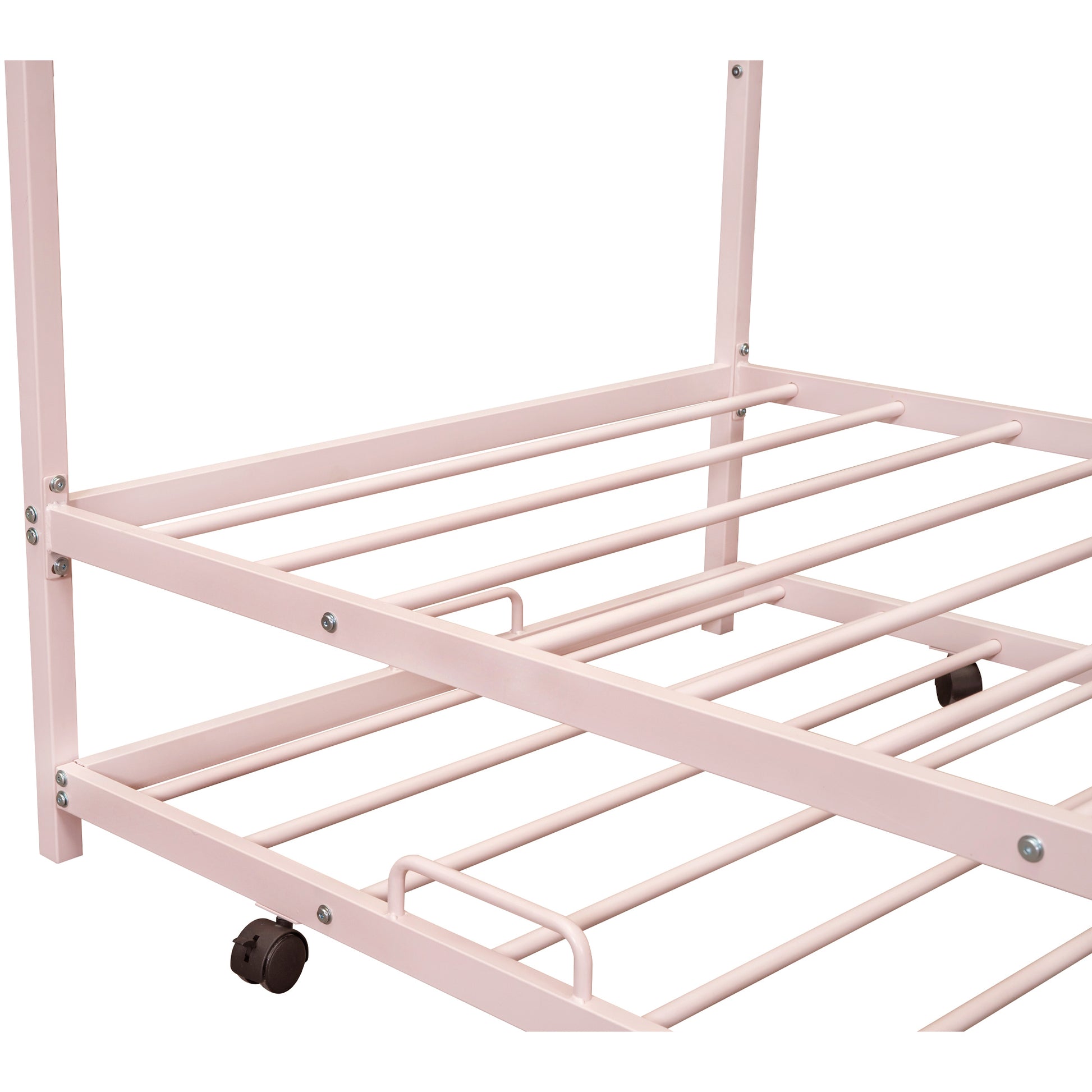 Metal House Bed With Trundle, Twin Size House Bed Pink Pink Metal