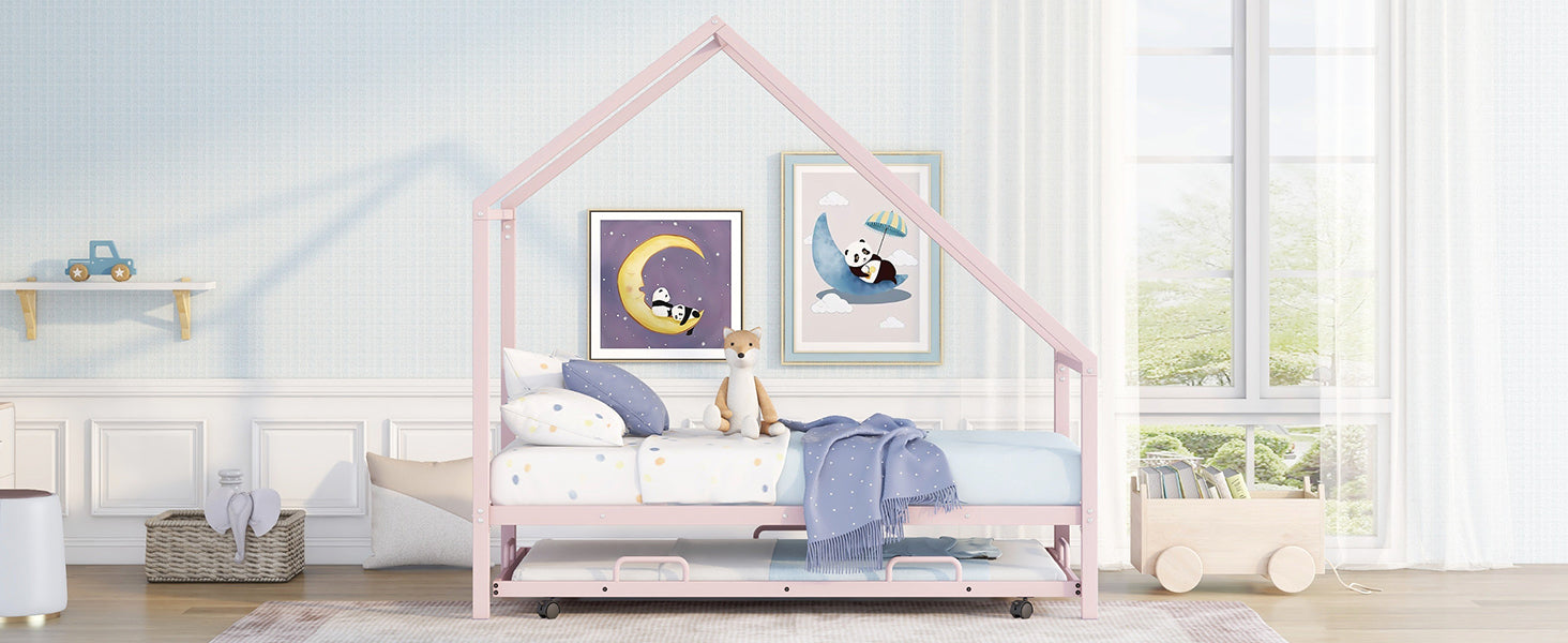 Metal House Bed With Trundle, Twin Size House Bed Pink Pink Metal