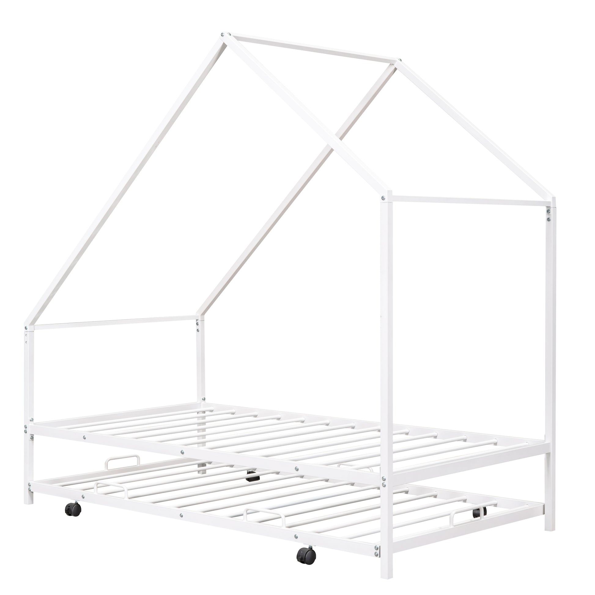 Metal House Bed With Trundle, Twin Size House Bed White White Metal