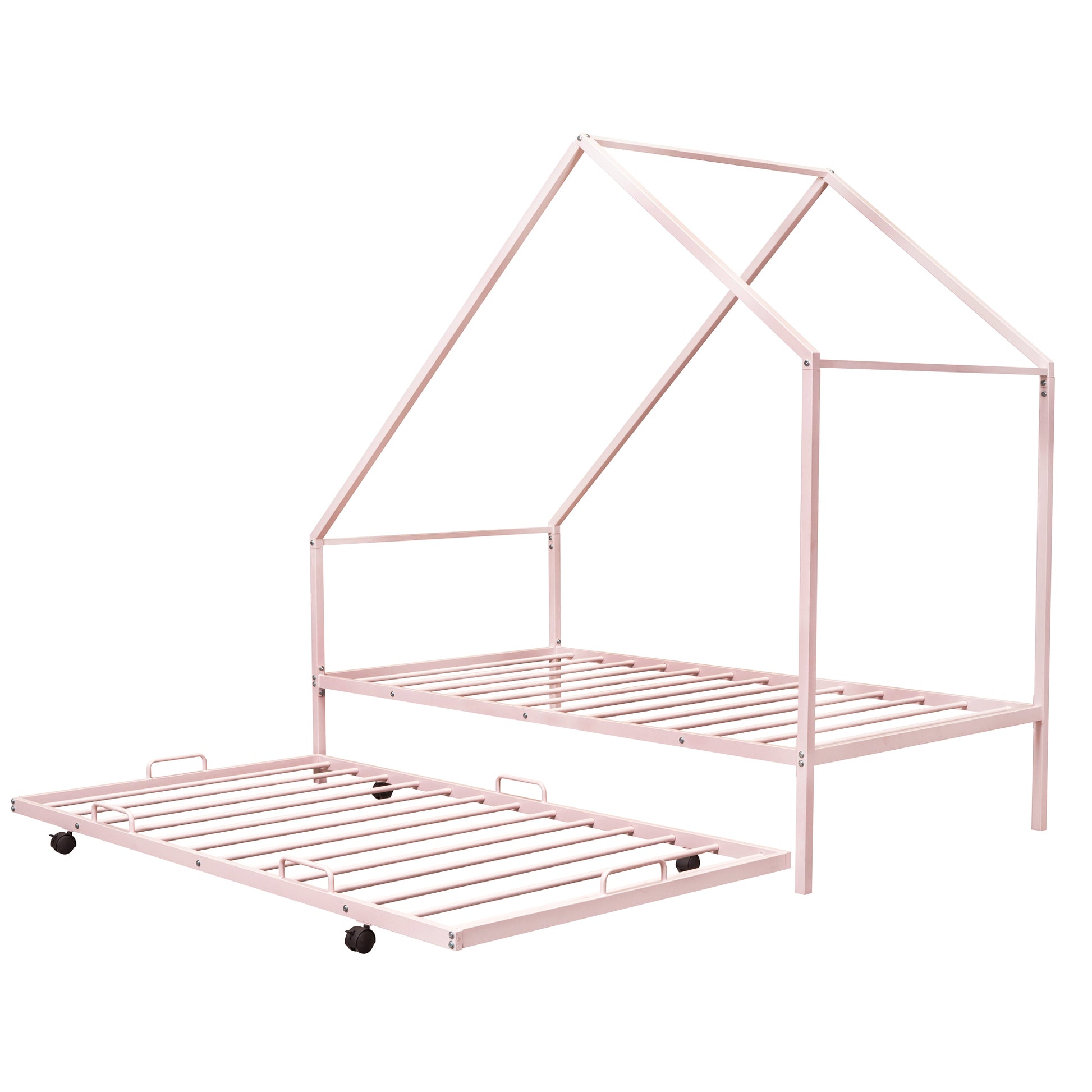 Metal House Bed With Trundle, Twin Size House Bed Pink Pink Metal