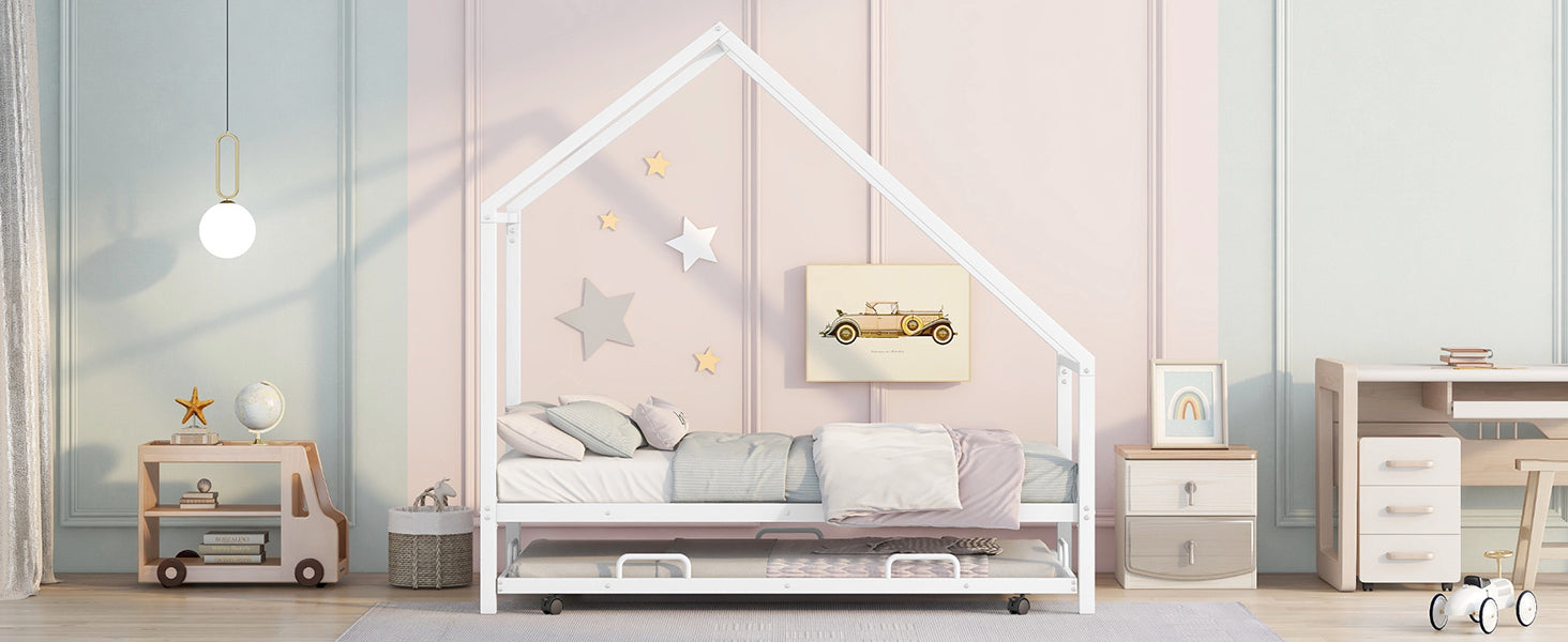 Metal House Bed With Trundle, Twin Size House Bed White White Metal