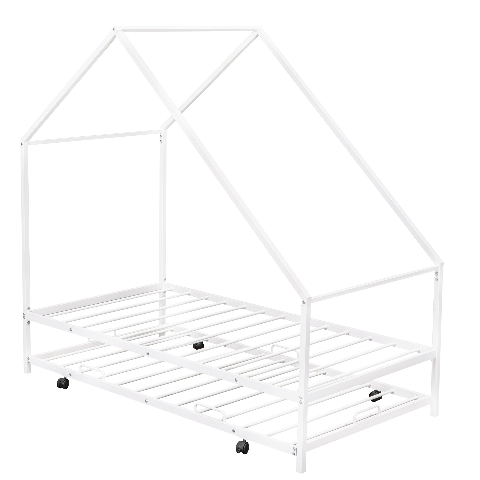Metal House Bed With Trundle, Twin Size House Bed White White Metal
