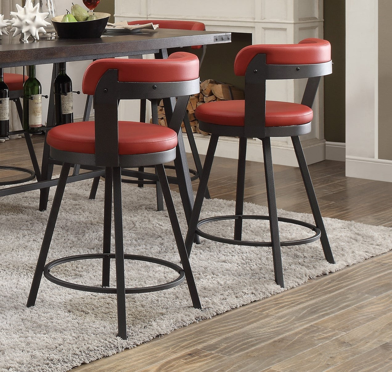 Metal Base 24 Inch Counter Height Chairs Set Of 2Pc Red Seat 360 Degree Swivel Faux Leather Upholstered Dining Room Furniture Red Dining Room Casual Metal