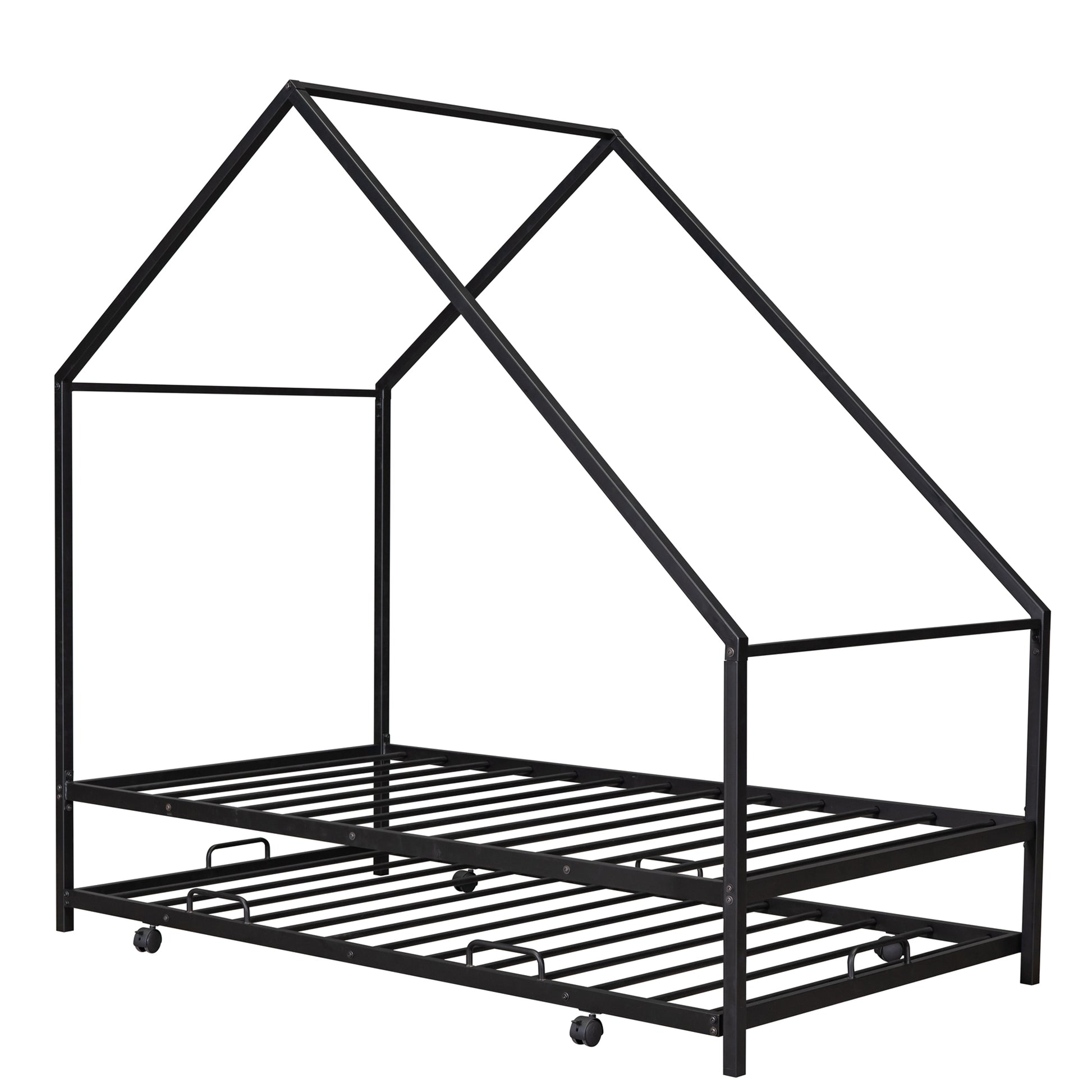 Metal House Bed With Trundle, Twin Size House Bed Black Black Metal