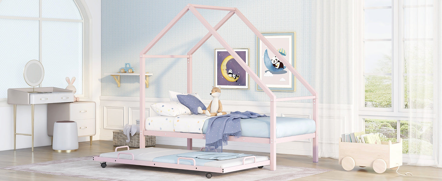 Metal House Bed With Trundle, Twin Size House Bed Pink Pink Metal