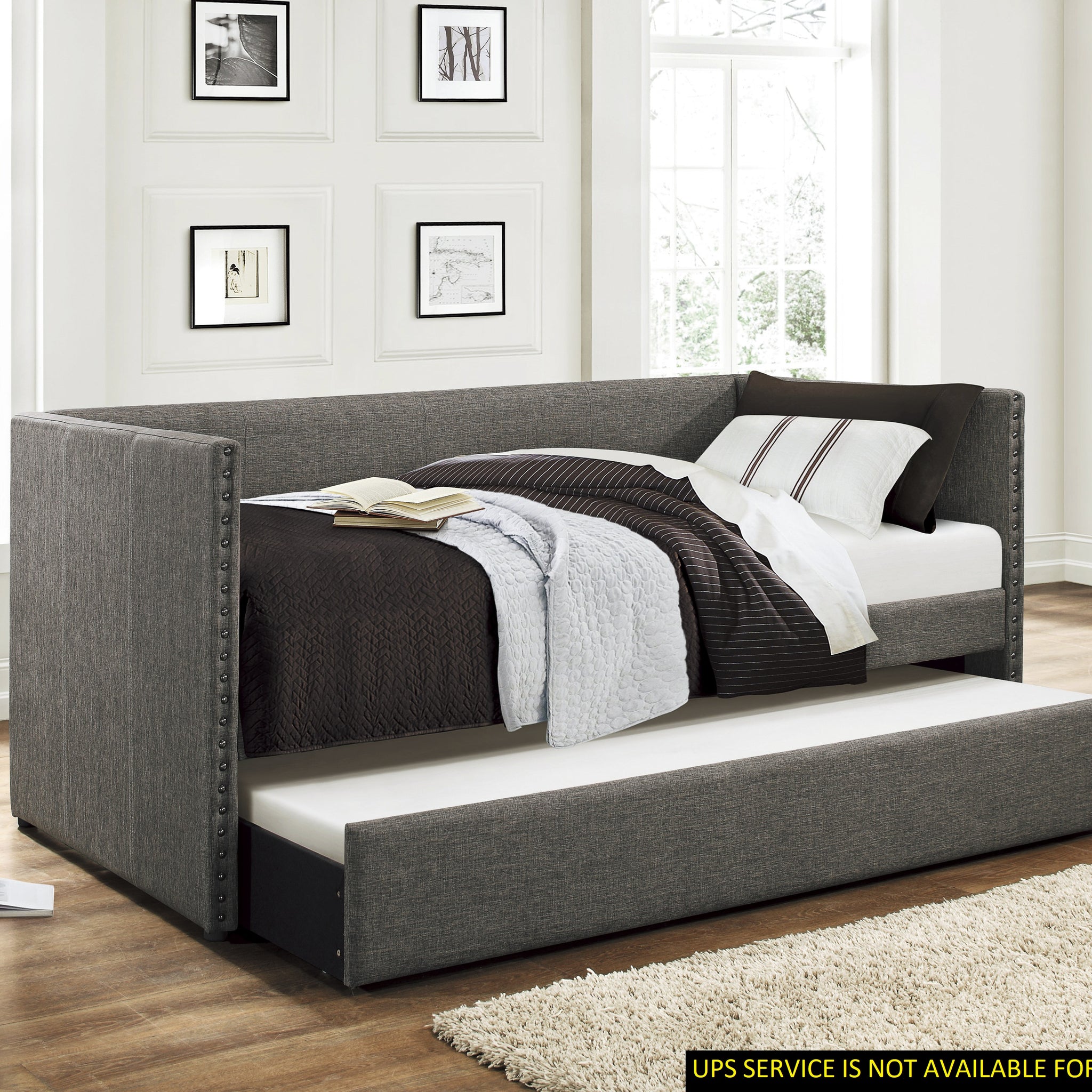 Gray Fabric Upholstered 1Pc Day Bed With Pull Out Trundle Trim Wood Frame Furniture Box Spring Not Required Gray Bedroom Wood
