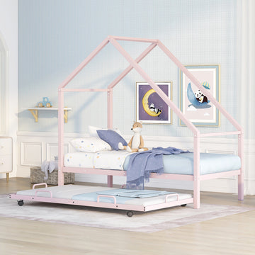 Metal House Bed With Trundle, Twin Size House Bed Pink Pink Metal