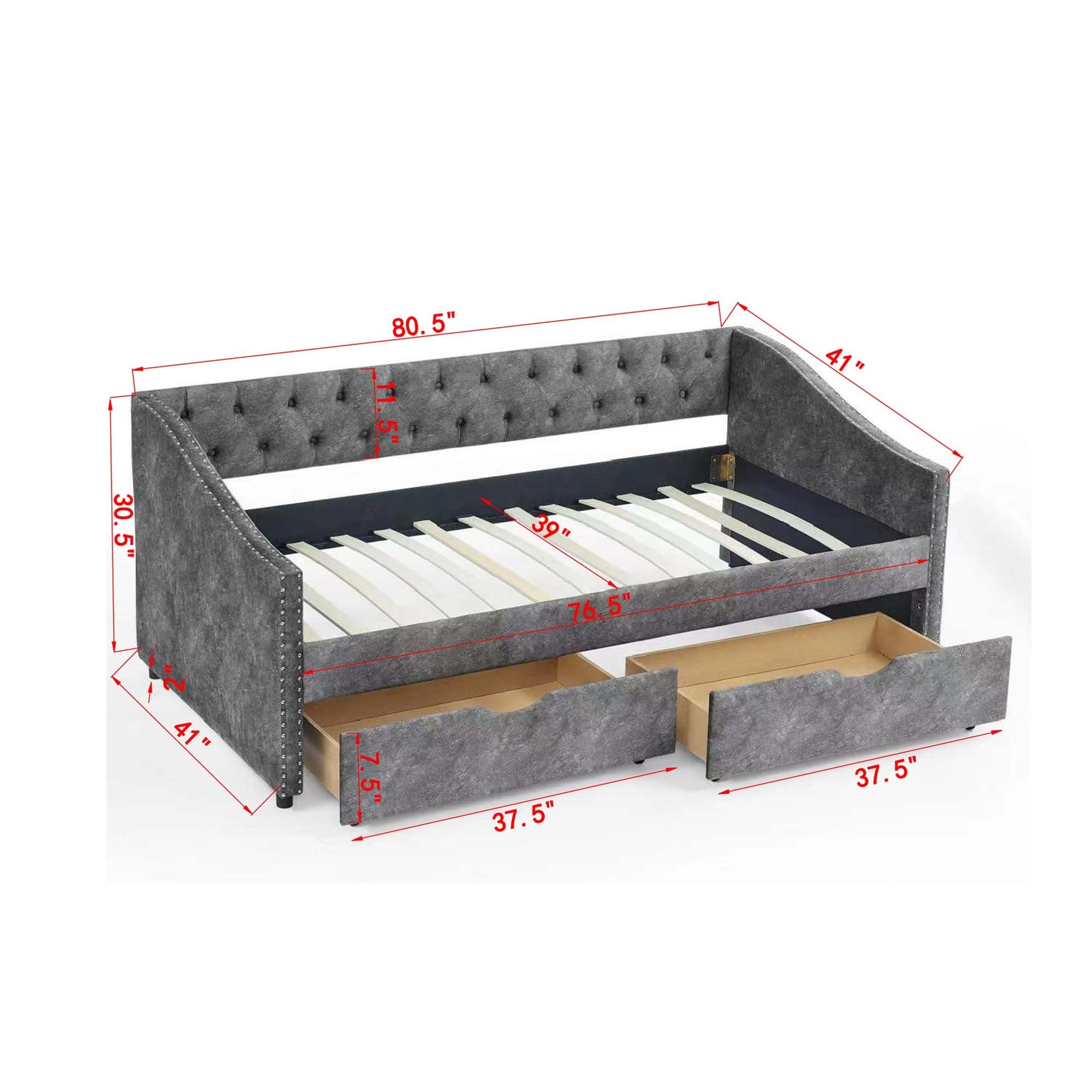 Twin Size Daybed With Drawers Upholstered Tufted Sofa Bed, With Button On Back And Copper Nail On Waved Shape Arms 81.5''X4''X30.5'' Dark Grey Linen
