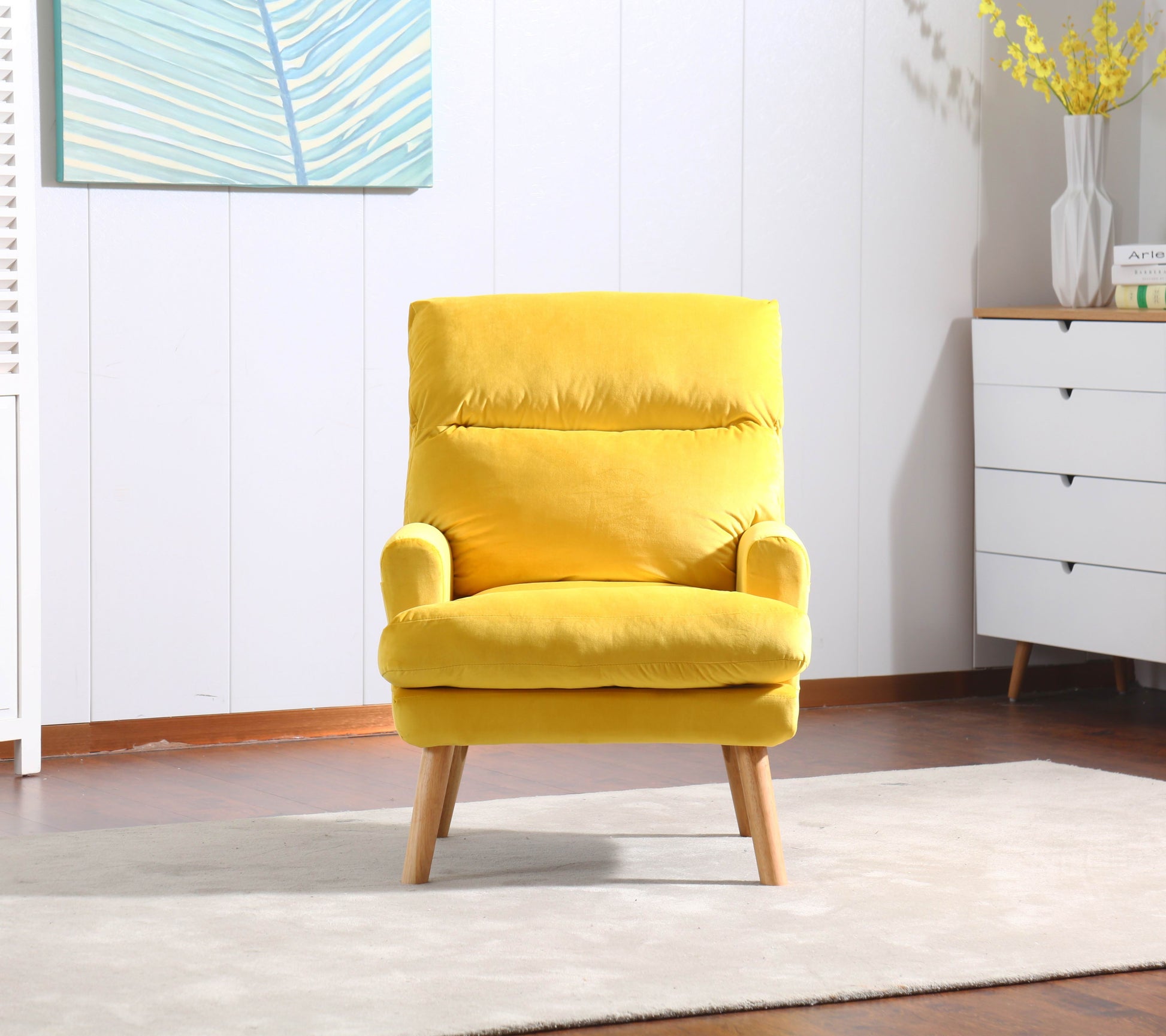 Soft Comfortable 1Pc Accent Click Clack Chair With Ottoman Yellow Fabric Upholstered Oak Finish Legs Living Room Furniture Yellow Primary Living Space Modern Fabric