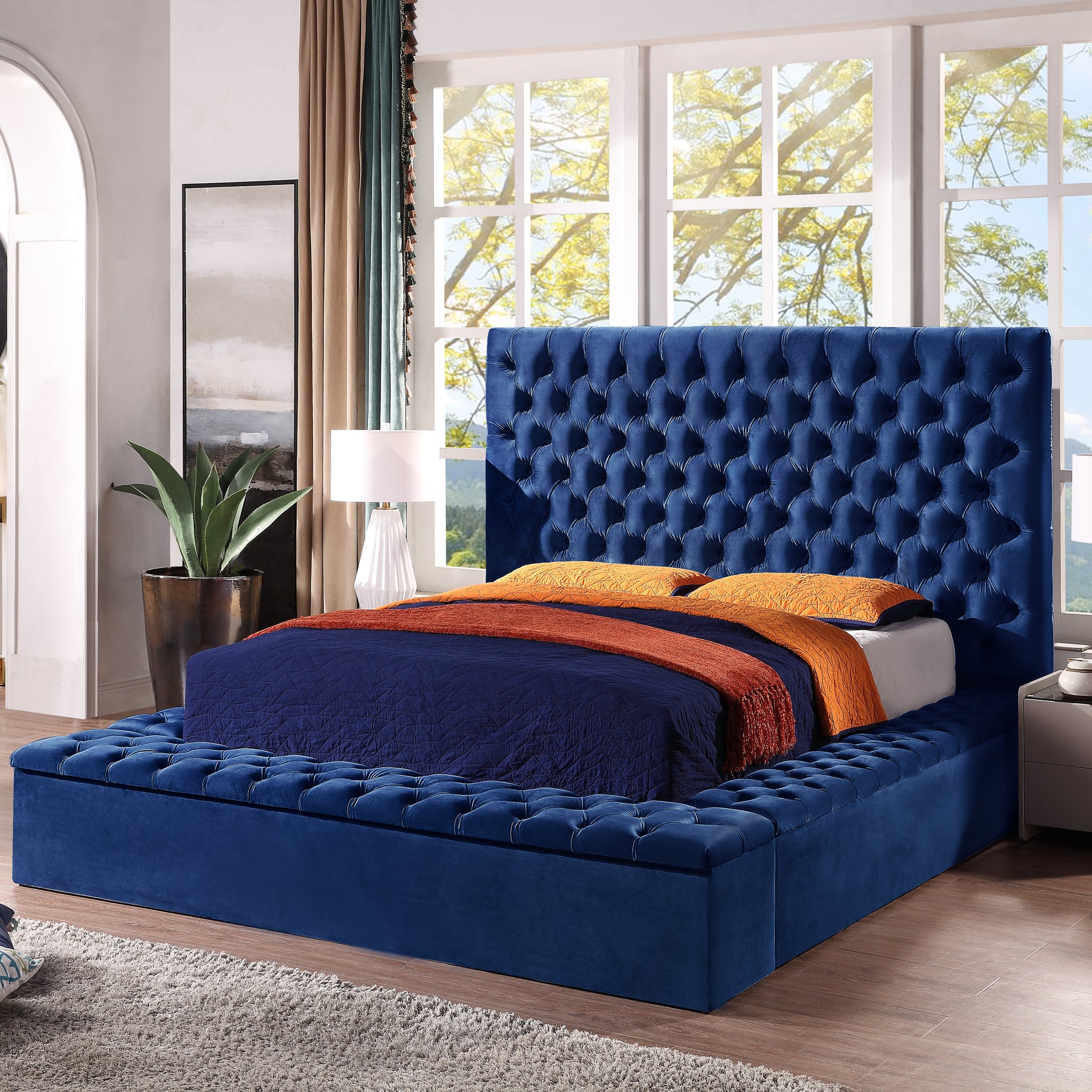 Contemporary Velvet Upholstered Bed With Storage Locker, Deep Button Tufting, Solid Wood Frame, High Density Foam, Queen Size Blue Velvet