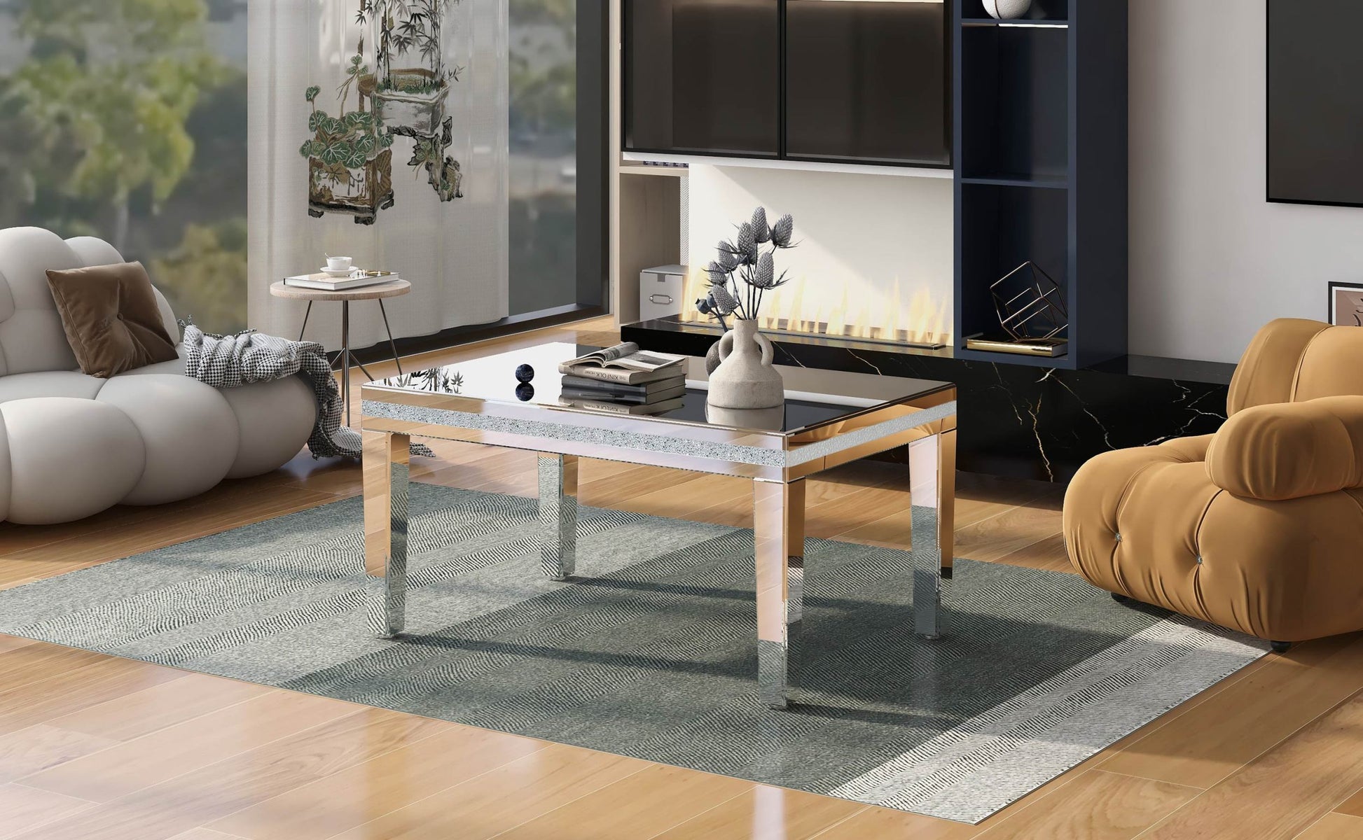 Fashionable Modern Glass Mirrored Coffee Table, Easy Assembly Cocktail Table With Crystal Design And Adjustable Height Legs, Silver Silver Glass