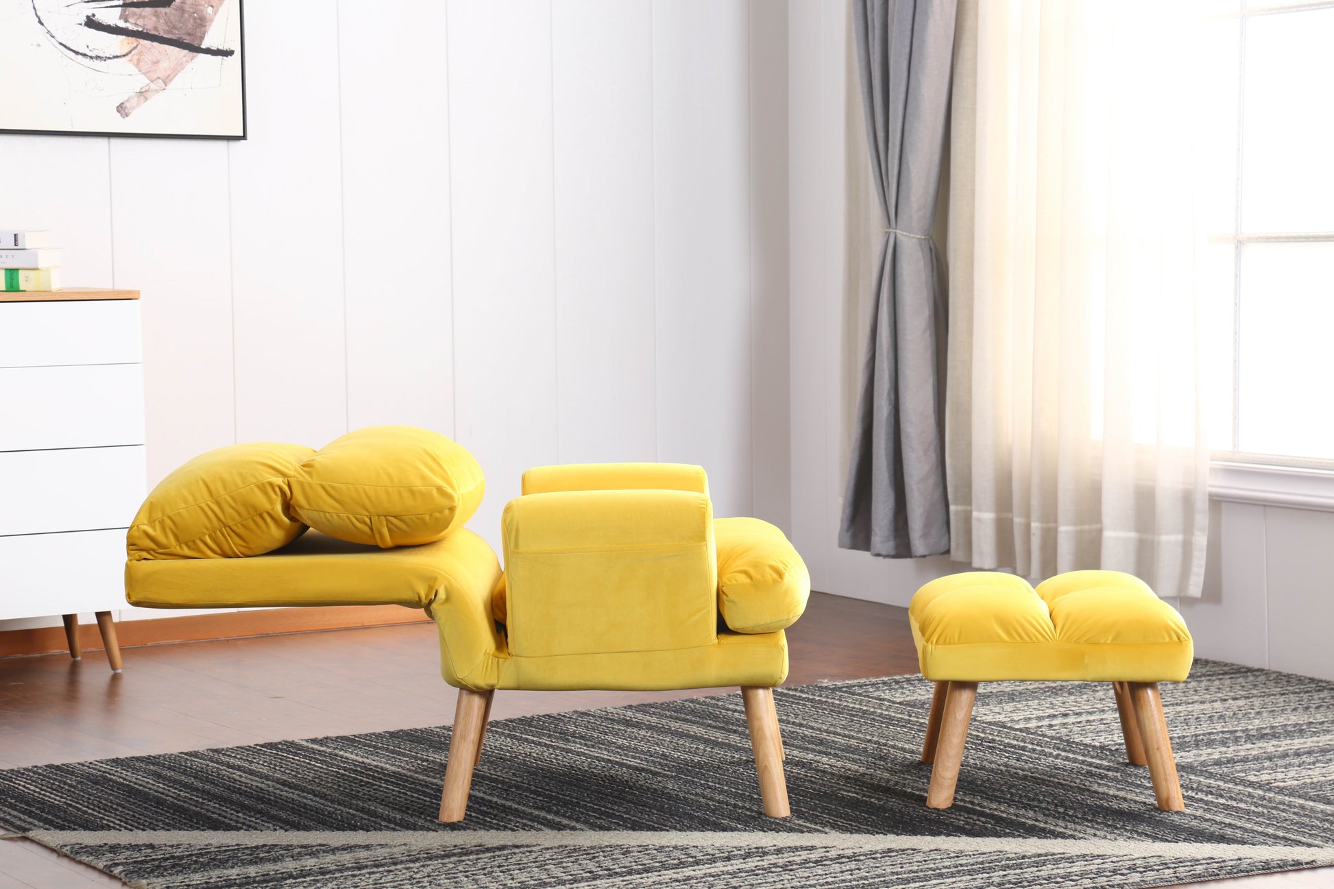 Soft Comfortable 1Pc Accent Click Clack Chair With Ottoman Yellow Fabric Upholstered Oak Finish Legs Living Room Furniture Yellow Primary Living Space Modern Fabric