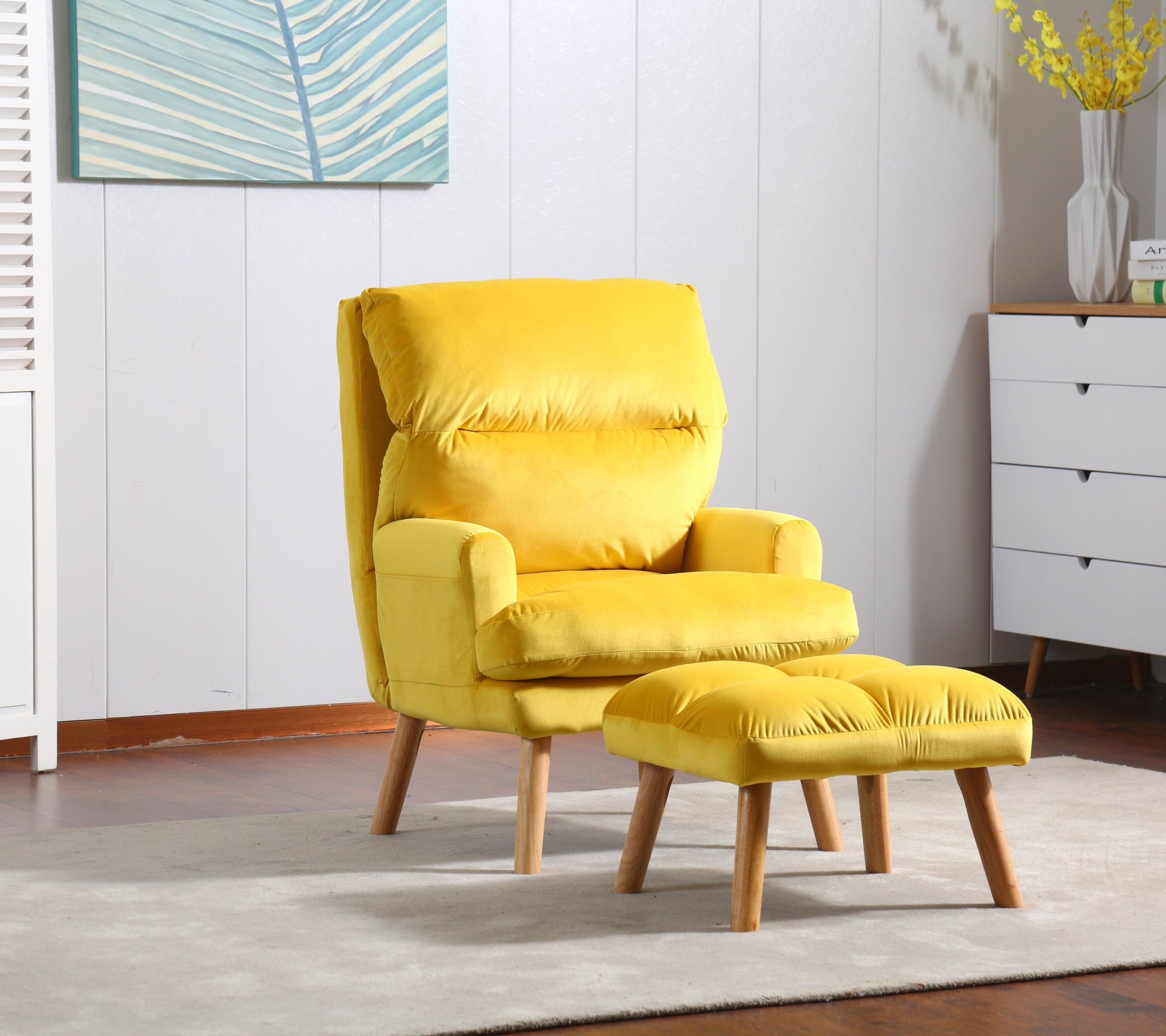 Soft Comfortable 1Pc Accent Click Clack Chair With Ottoman Yellow Fabric Upholstered Oak Finish Legs Living Room Furniture Yellow Primary Living Space Modern Fabric