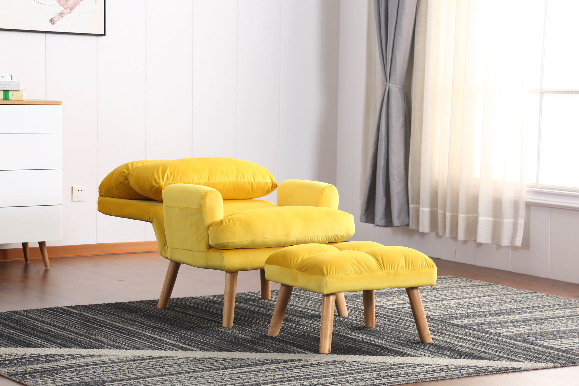 Soft Comfortable 1Pc Accent Click Clack Chair With Ottoman Yellow Fabric Upholstered Oak Finish Legs Living Room Furniture Yellow Primary Living Space Modern Fabric