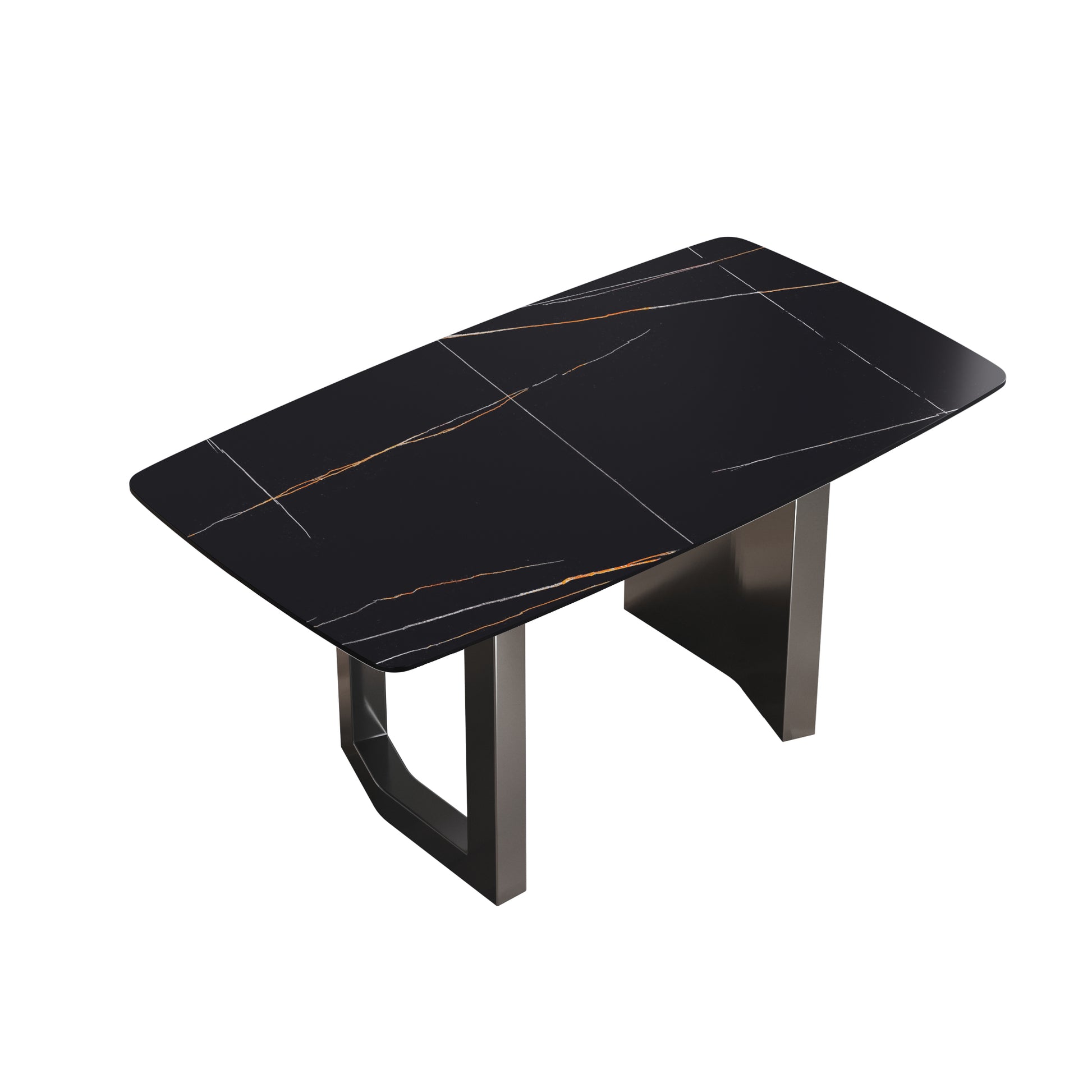 63"Modern Artificial Stone Black Curved Black Metal Leg Dining Table 6 People Black Metal Sintered Stone