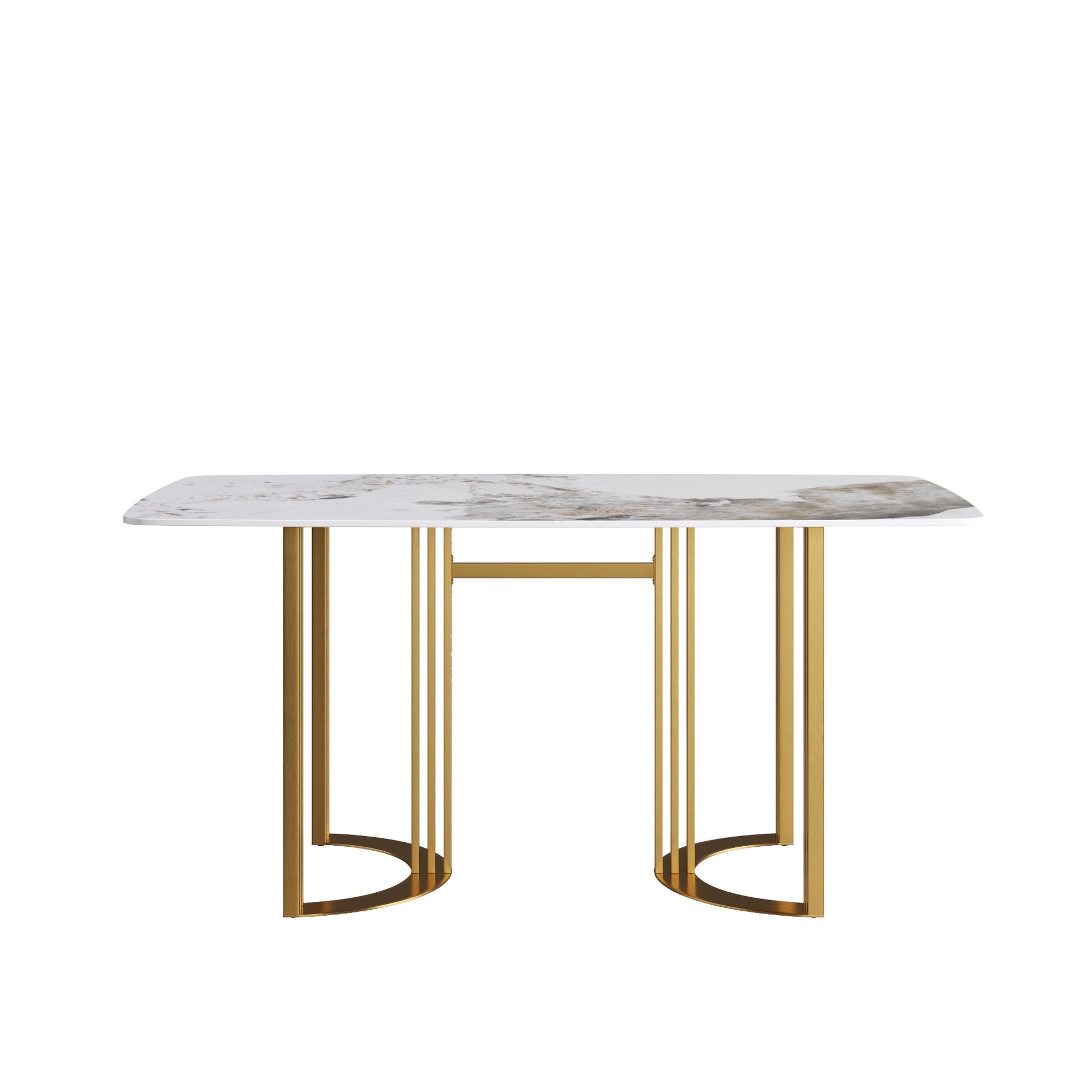 63"Modern Artificial Stone Pandora White Curved Golden Metal Leg Dining Table 6 People Antique White Metal Sintered Stone