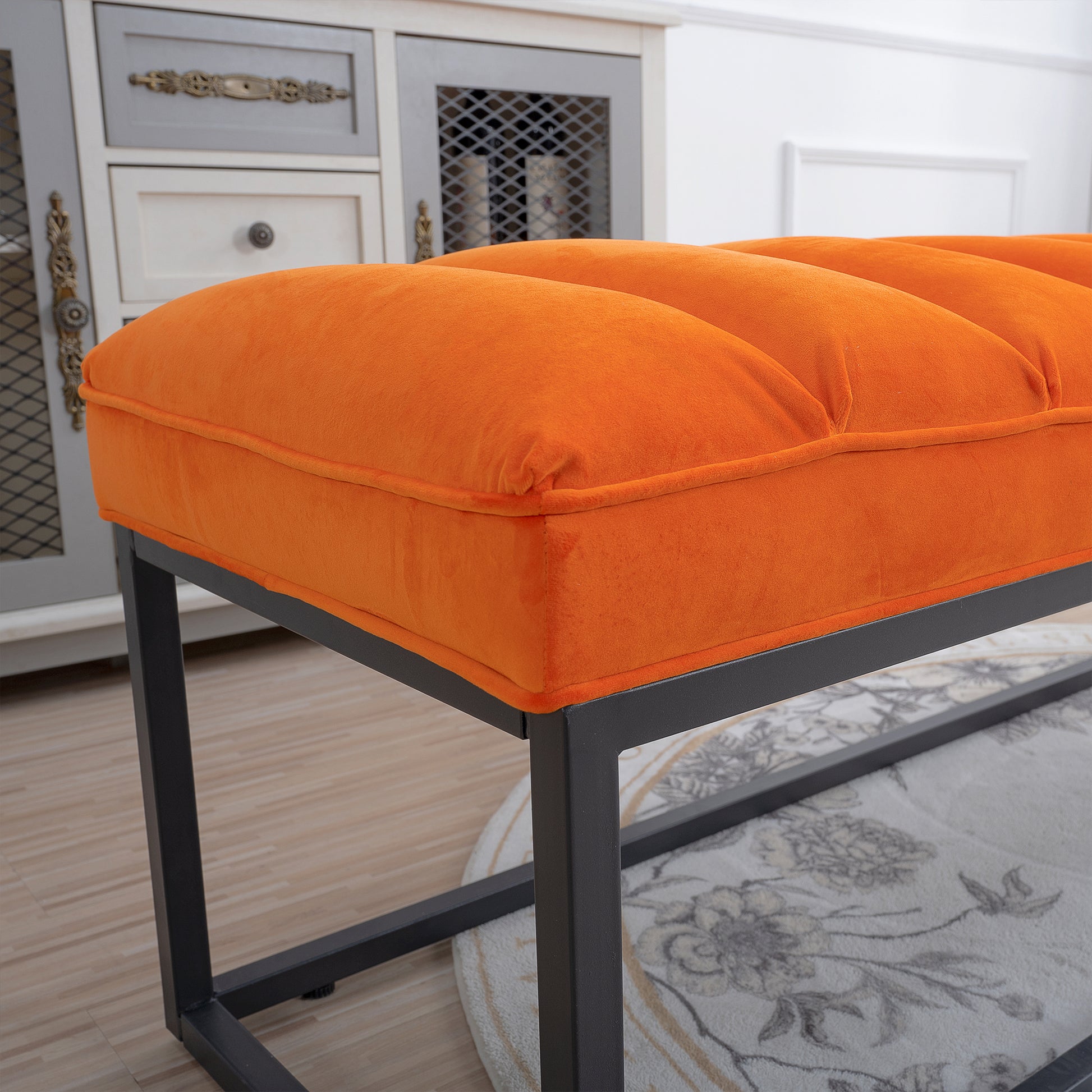 Metal Base Upholstered Bench For Bedroom For Entryway Orange Fabric