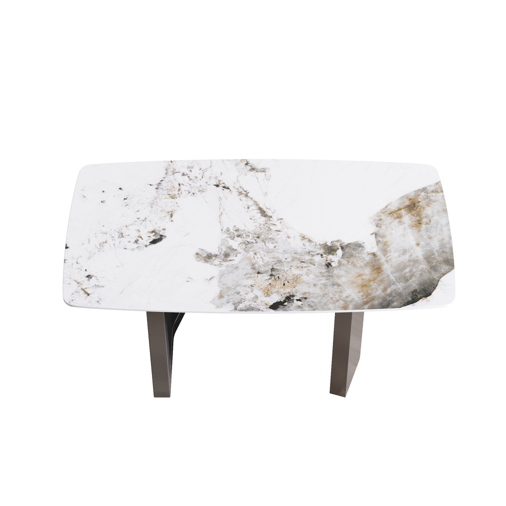 63"Modern Artificial Stone Pandora White Curved Black Metal Leg Dining Table 6 People Antique White Metal Sintered Stone