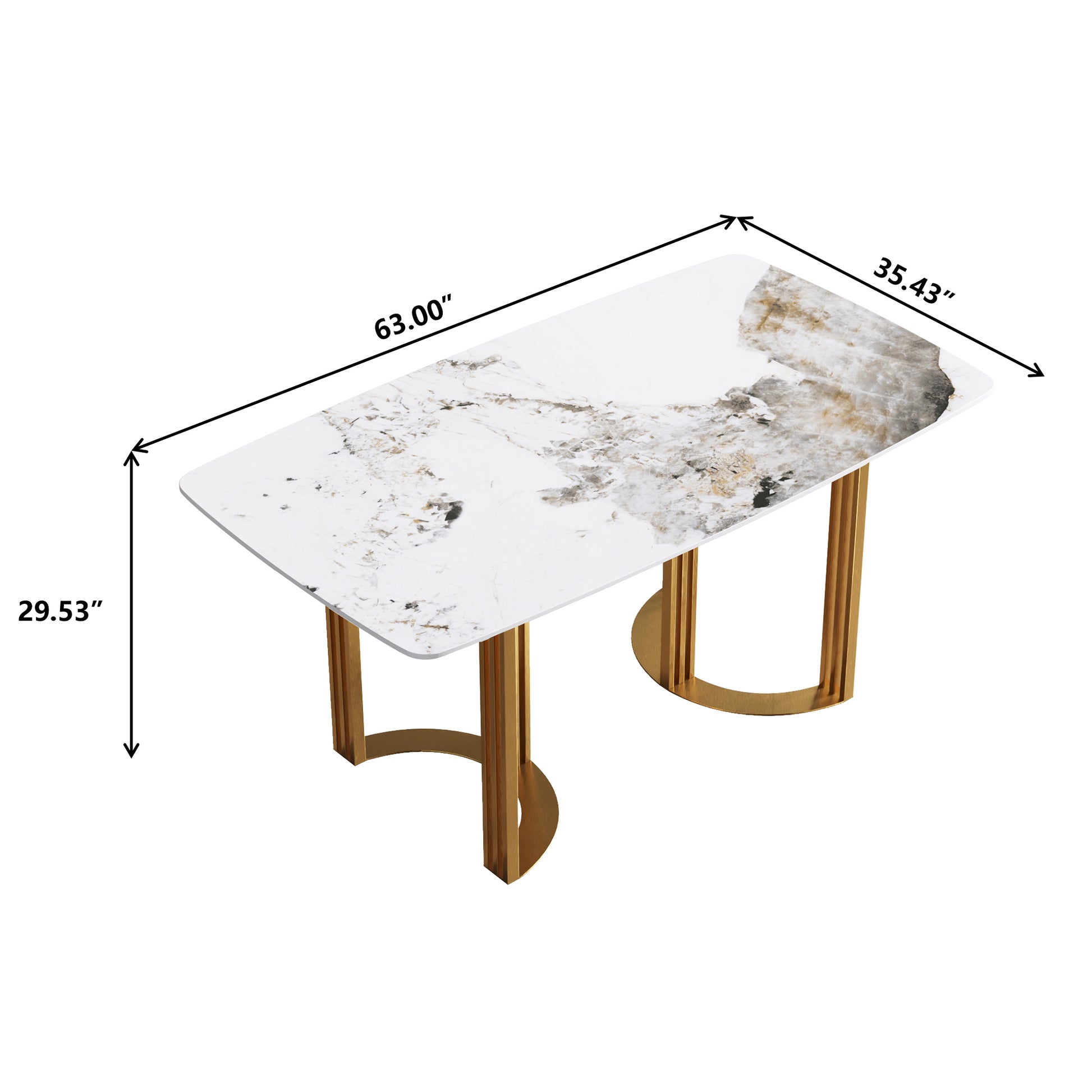 63"Modern Artificial Stone Pandora White Curved Golden Metal Leg Dining Table 6 People Antique White Metal Sintered Stone