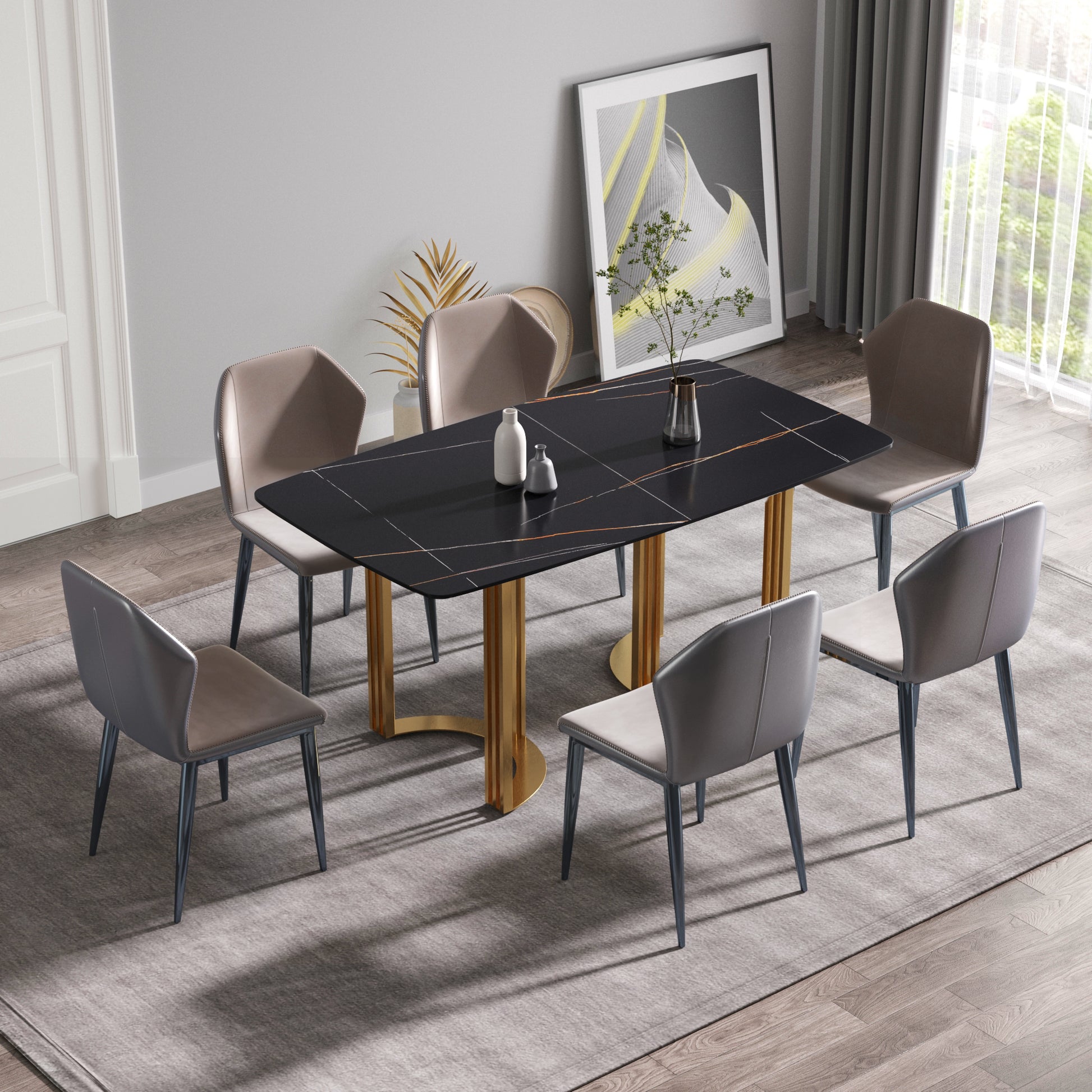 63"Modern Artificial Stone Black Curved Golden Metal Leg Dining Table 6 People Black Metal Sintered Stone