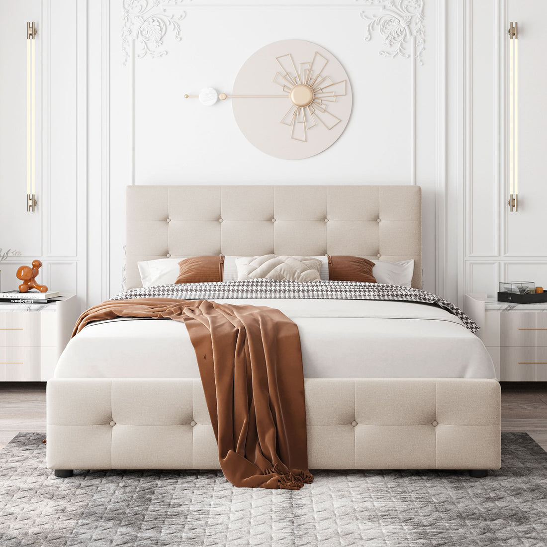 Upholstered Platform Bed With Classic Headboard And 4 Drawers, No Box Spring Needed, Linen Fabric, Queen Size Beige Old Sku :Lp000114Aaa Beige Upholstered