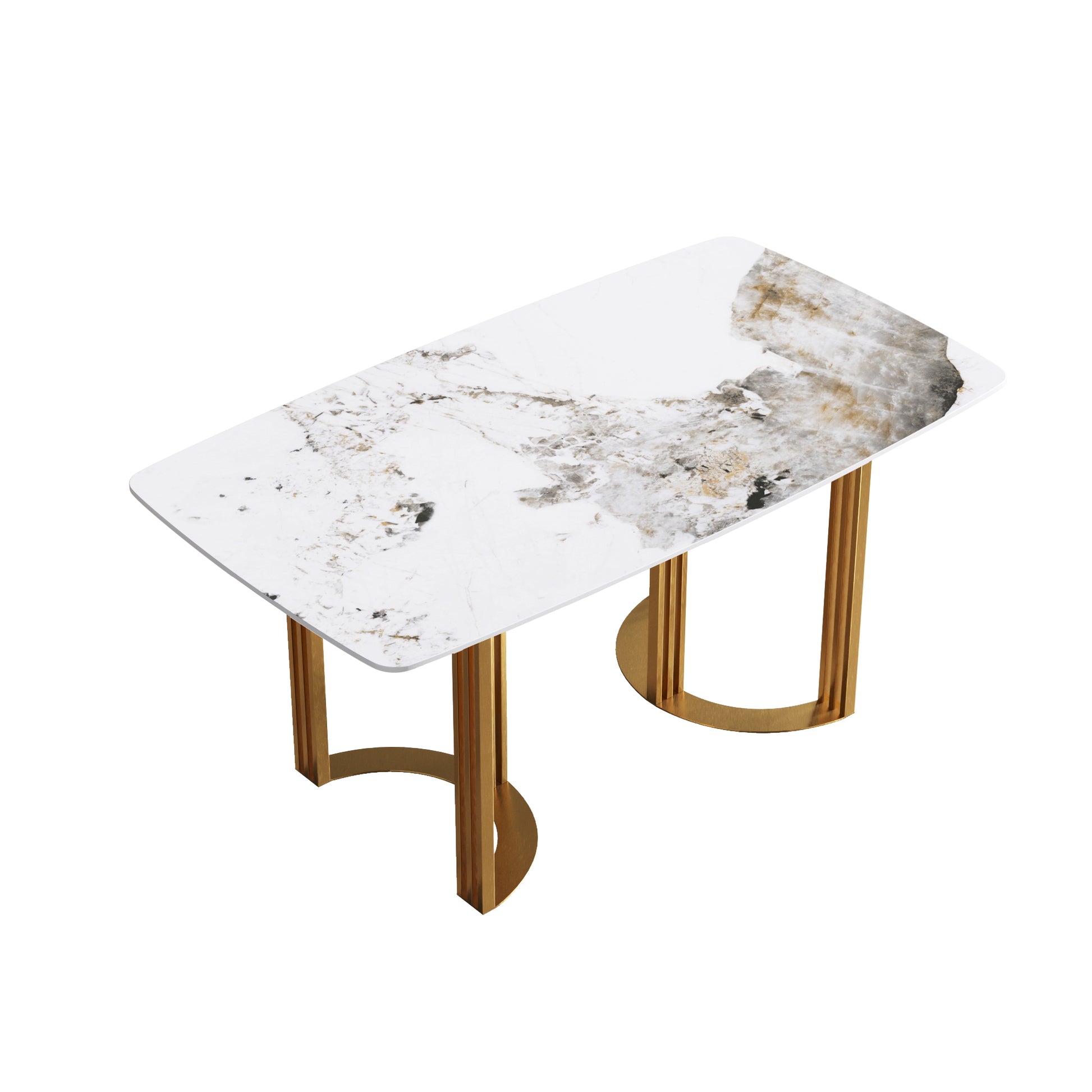 63"Modern Artificial Stone Pandora White Curved Golden Metal Leg Dining Table 6 People Antique White Metal Sintered Stone