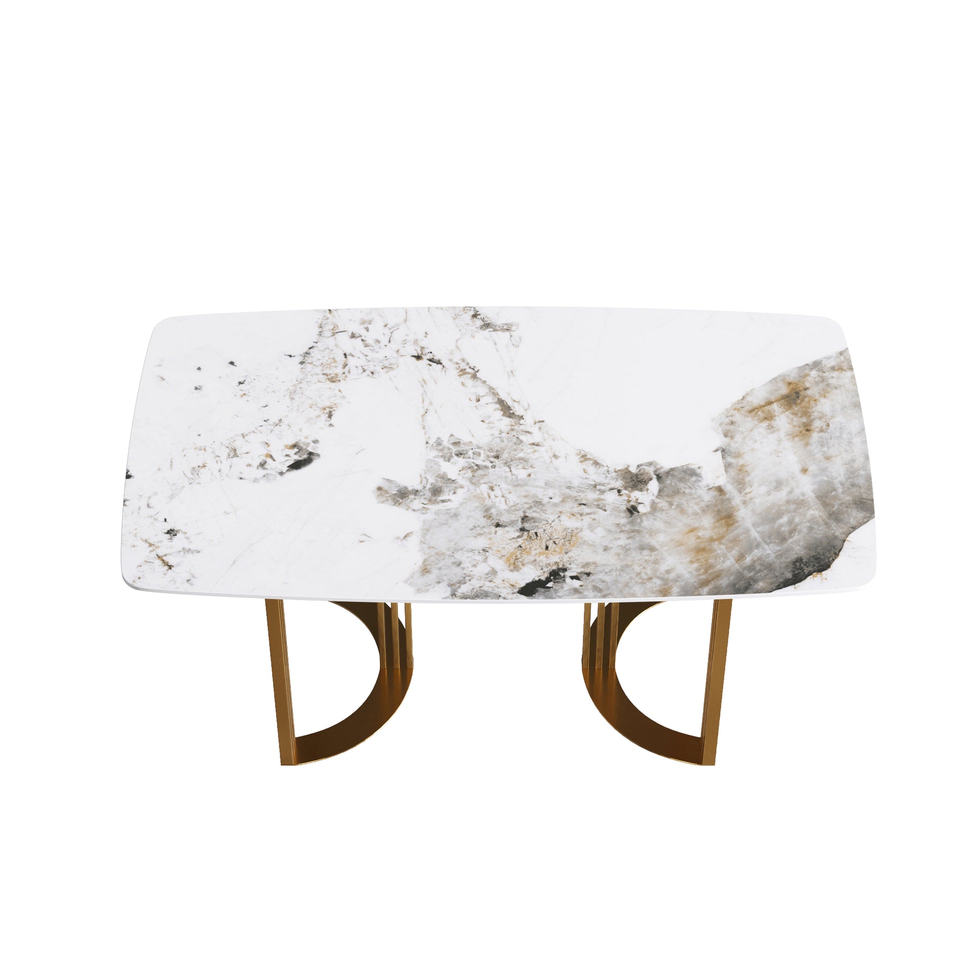 63"Modern Artificial Stone Pandora White Curved Golden Metal Leg Dining Table 6 People Antique White Metal Sintered Stone