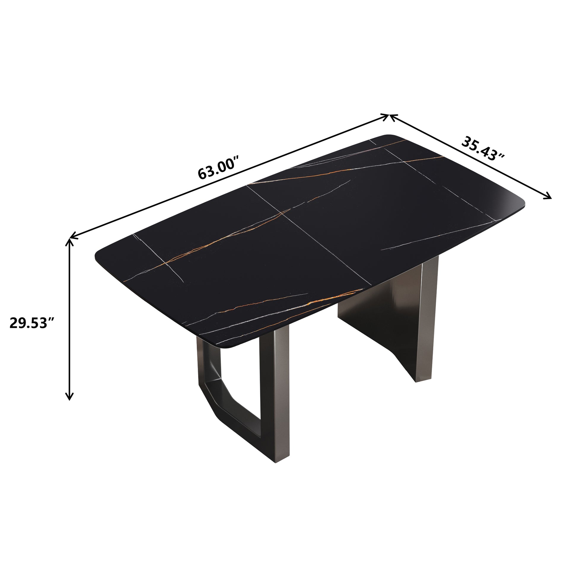 63"Modern Artificial Stone Black Curved Black Metal Leg Dining Table 6 People Black Metal Sintered Stone