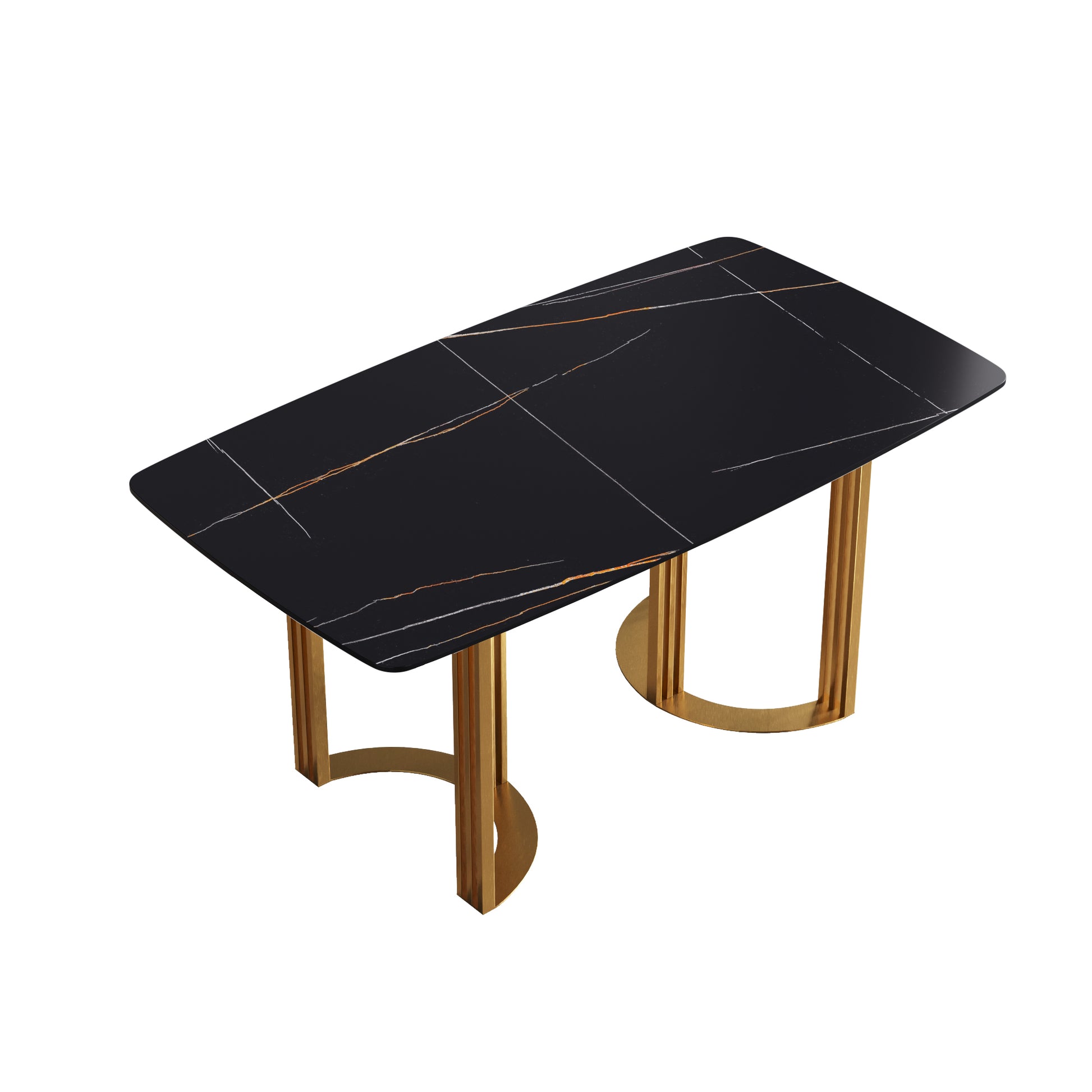 63"Modern Artificial Stone Black Curved Golden Metal Leg Dining Table 6 People Black Metal Sintered Stone