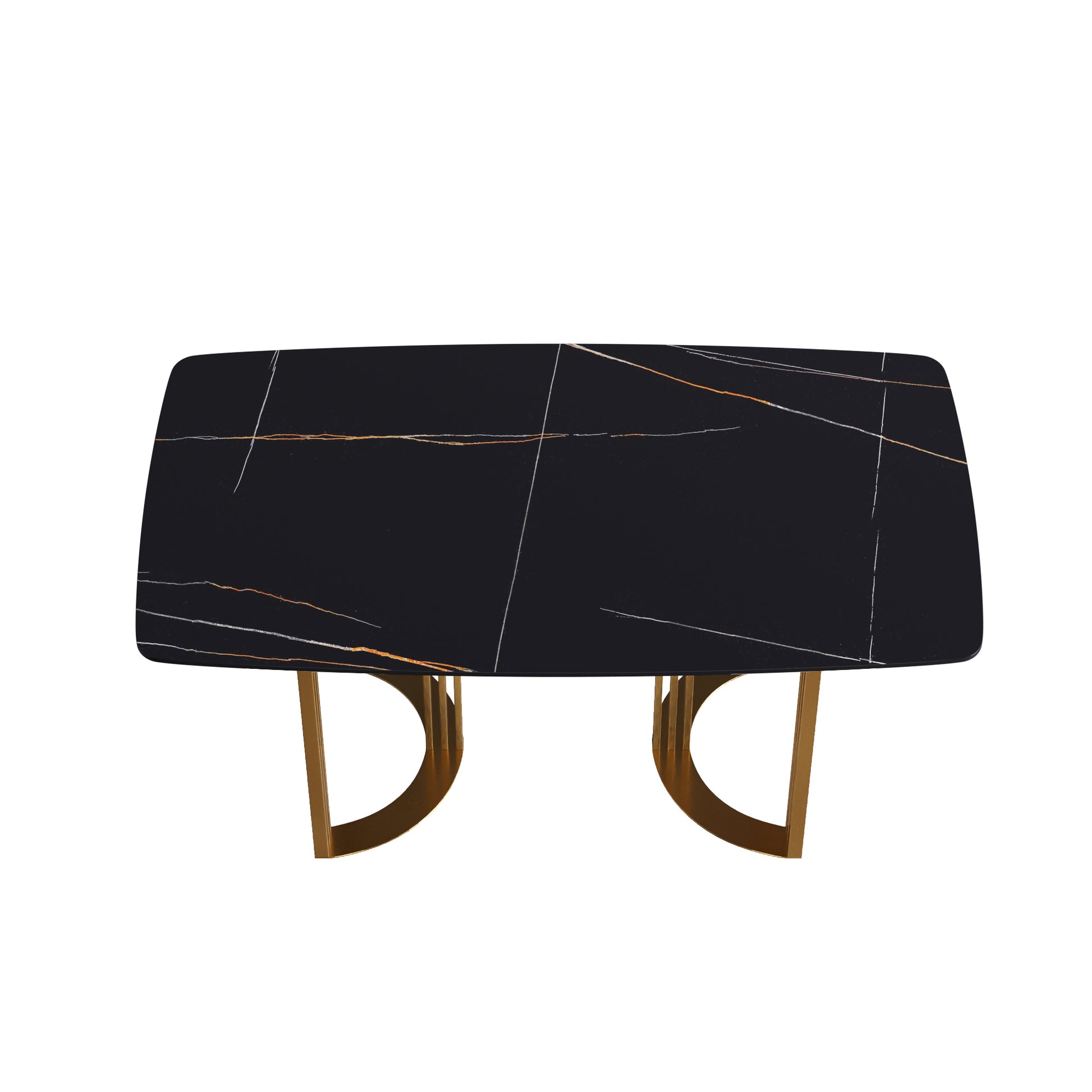 63"Modern Artificial Stone Black Curved Golden Metal Leg Dining Table 6 People Black Metal Sintered Stone