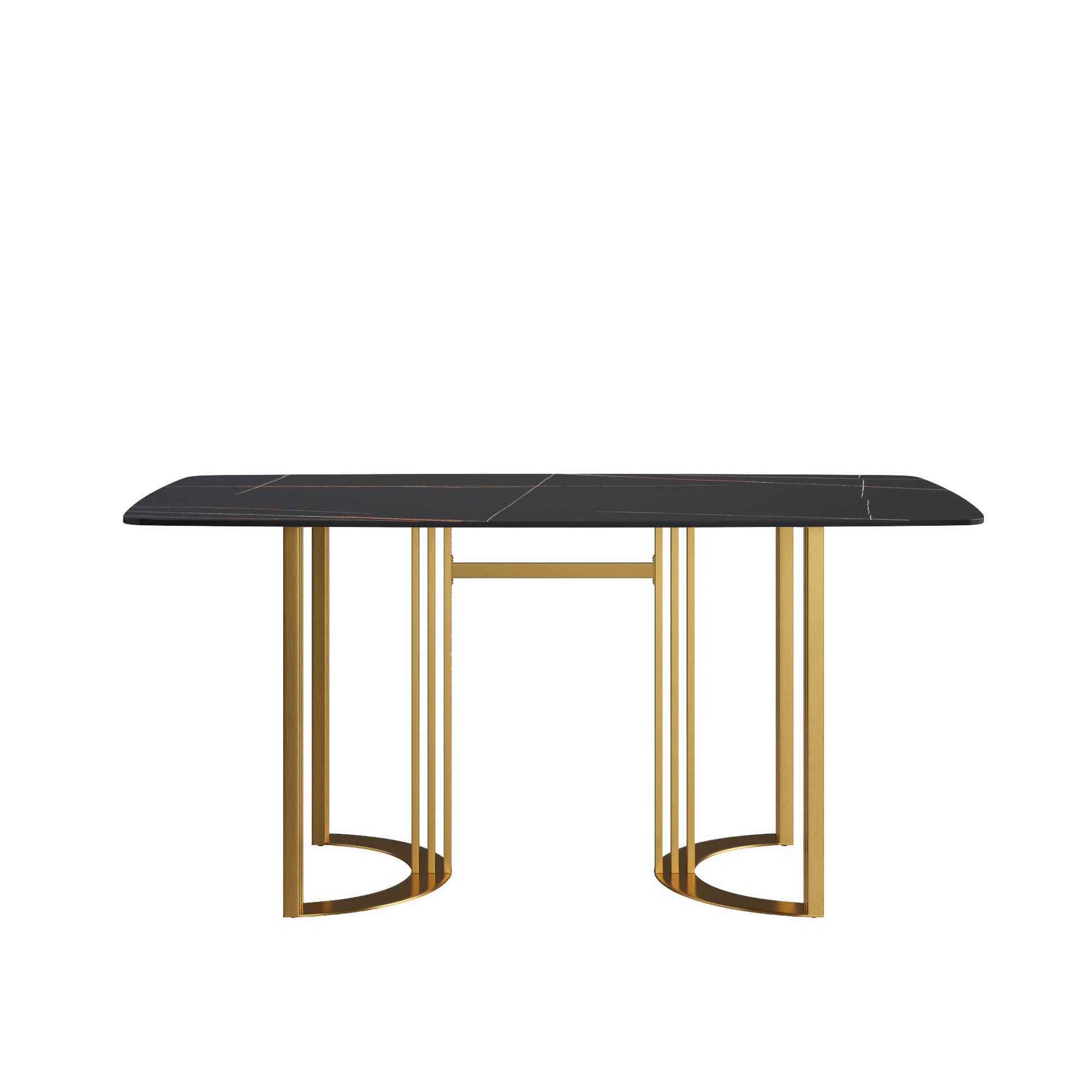 63"Modern Artificial Stone Black Curved Golden Metal Leg Dining Table 6 People Black Metal Sintered Stone