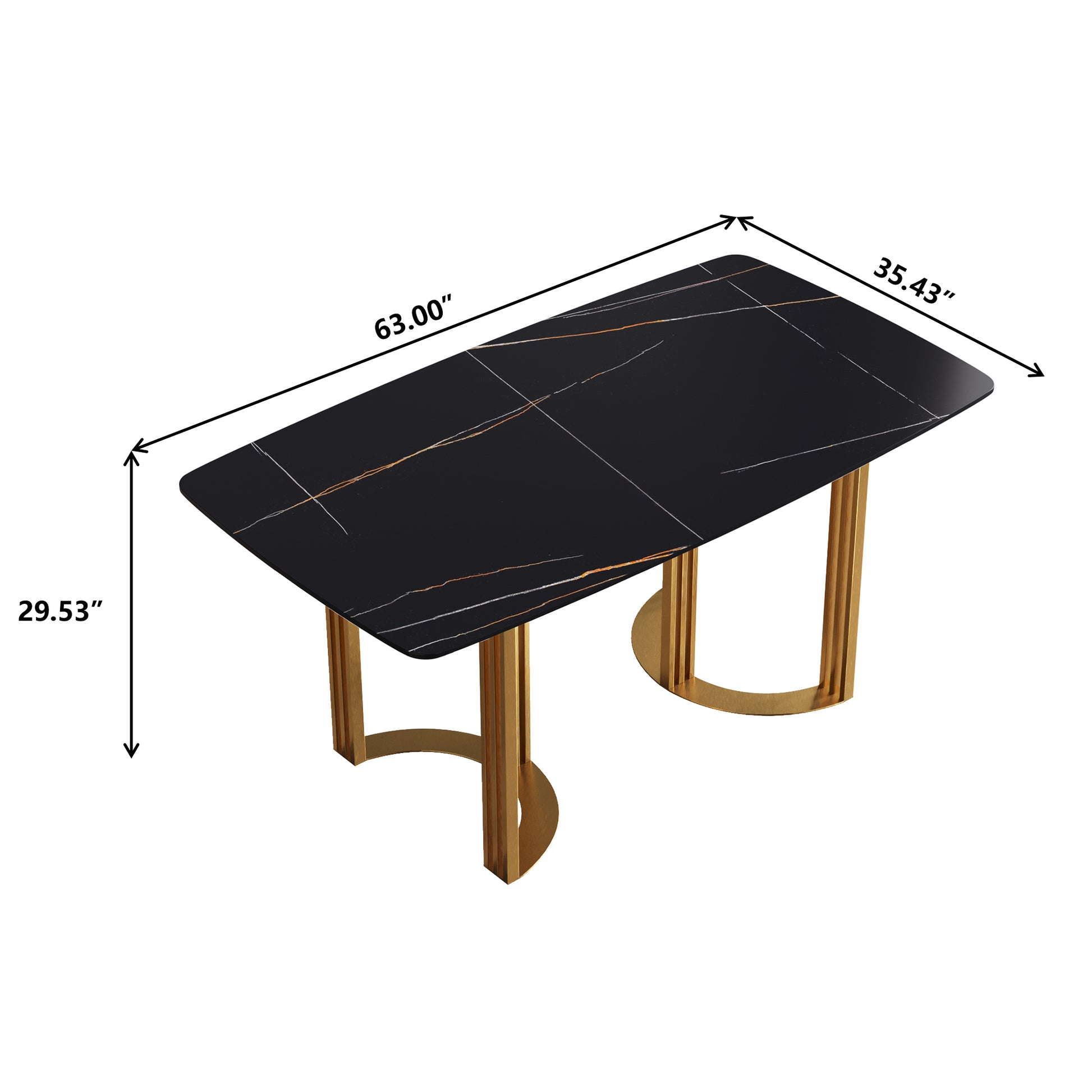 63"Modern Artificial Stone Black Curved Golden Metal Leg Dining Table 6 People Black Metal Sintered Stone