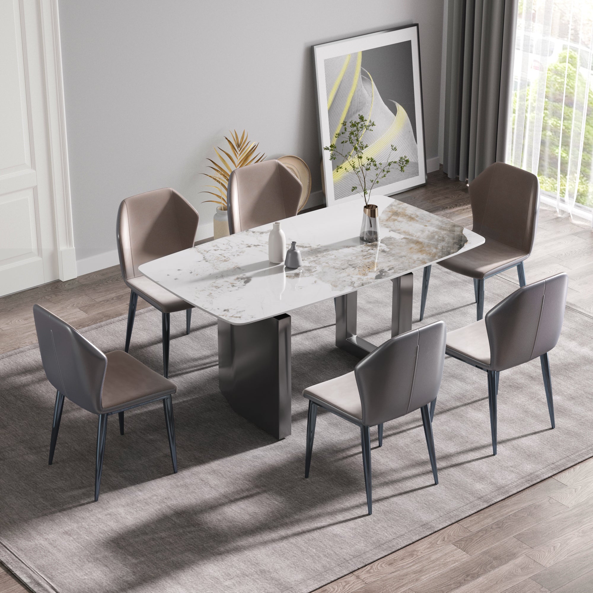 63"Modern Artificial Stone Pandora White Curved Black Metal Leg Dining Table 6 People Antique White Metal Sintered Stone