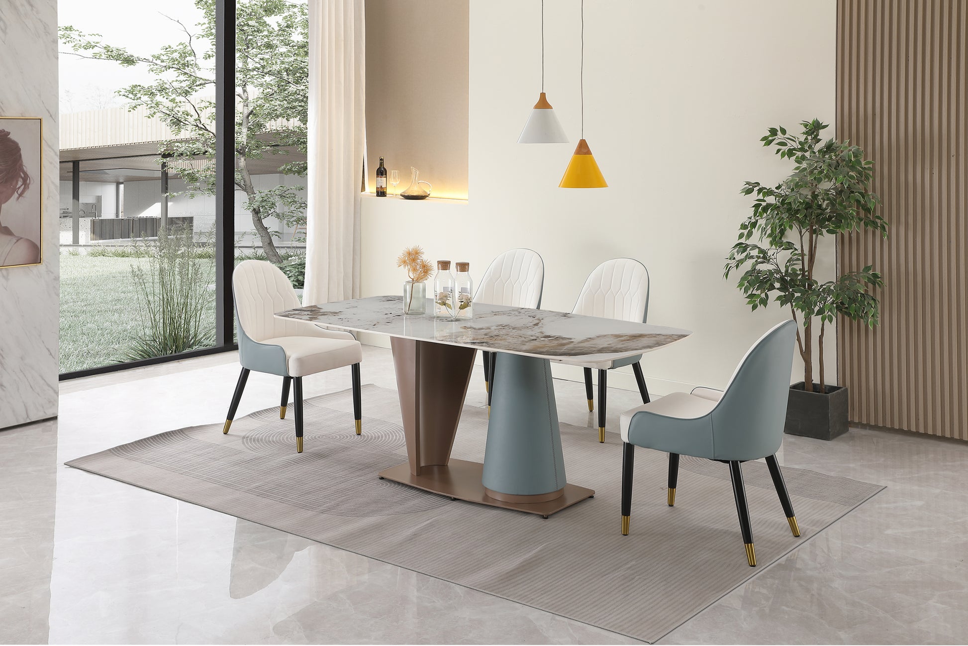 71" Pandora Color Sintered Stone Dining Table With Cone Shape Pedestal Base In Champagne And Blue Color Multicolor Metal Carbon Steel
