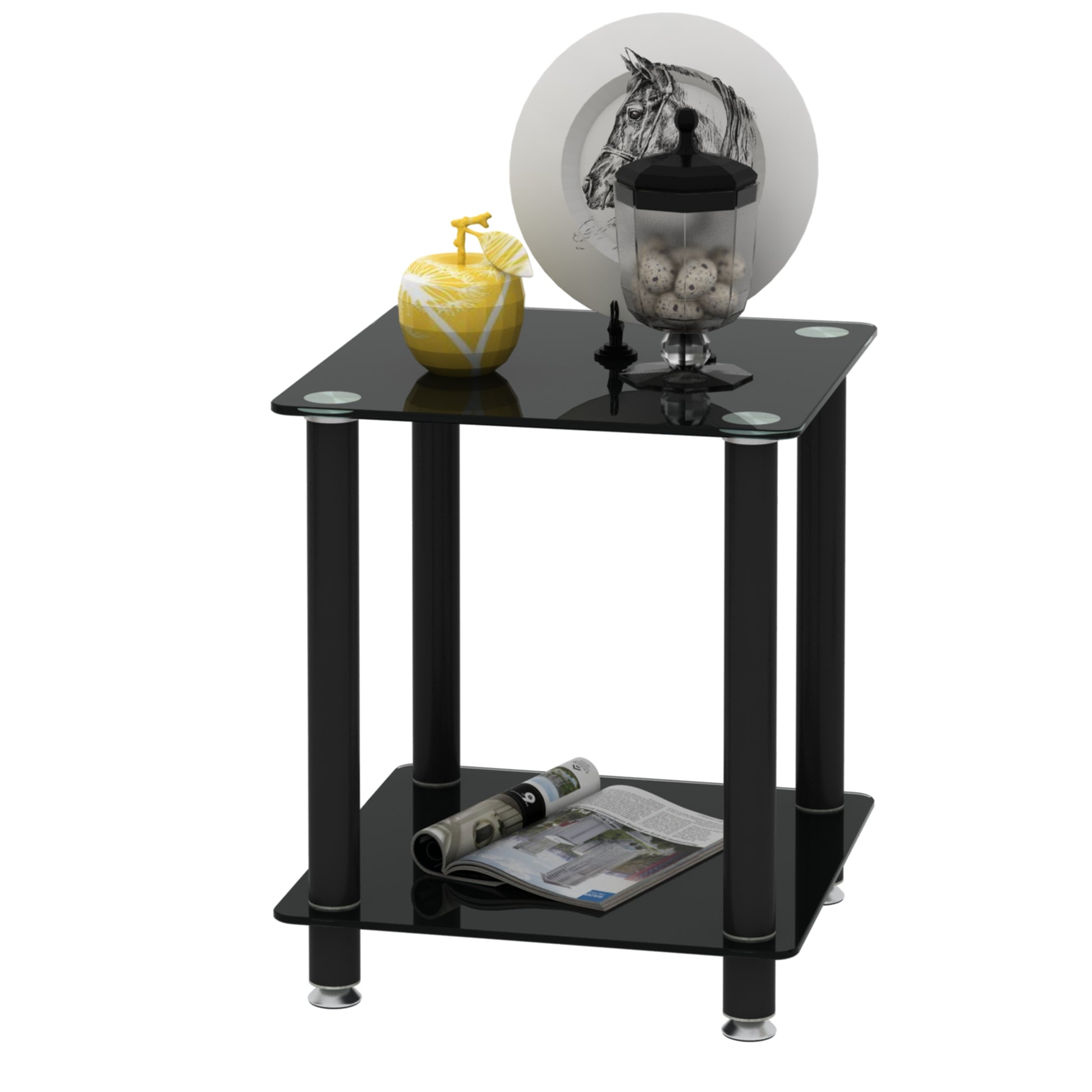 2 Piece Black Side Table2 Tier Space End Table ,Modern Night Stand, Sofa Table, Side Table With Storage Shelve Black Glass