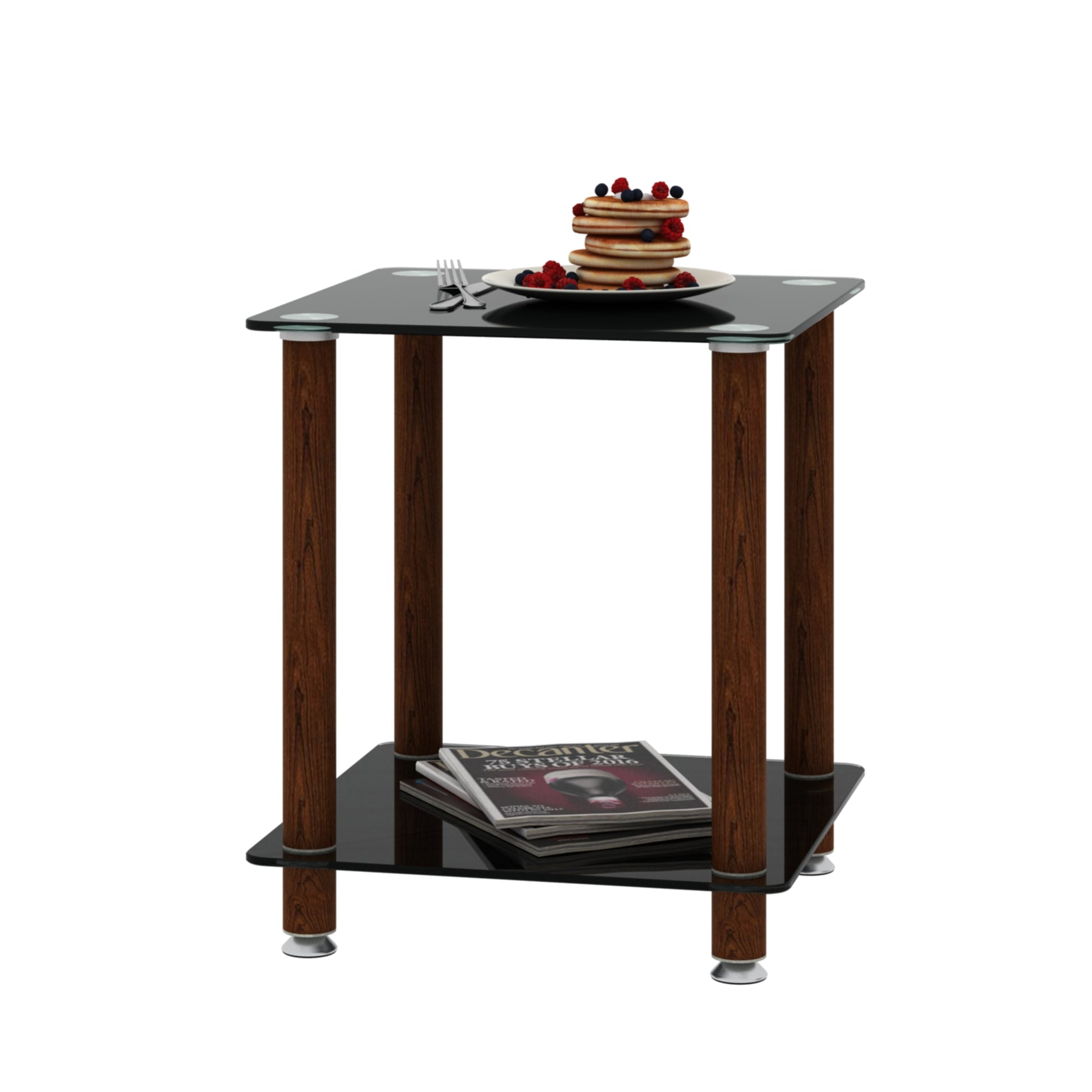 1 Piece Black Walnut Side Table2 Tier Space End Table ,Modern Night Stand, Sofa Table, Side Table With Storage Shelve Black Glass