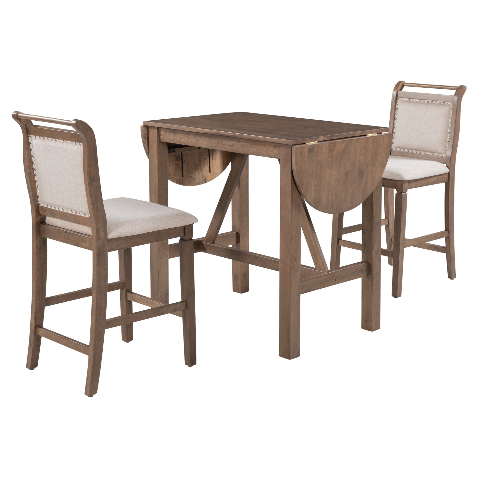 3 Piece Wood Counter Height Drop Leaf Dining Table Set With 2 Upholstered Dining Chairs For Small Place, Brown Brown Wood Dining Room Folding Rubberwood Oval Dining Table With Chair Upholstered