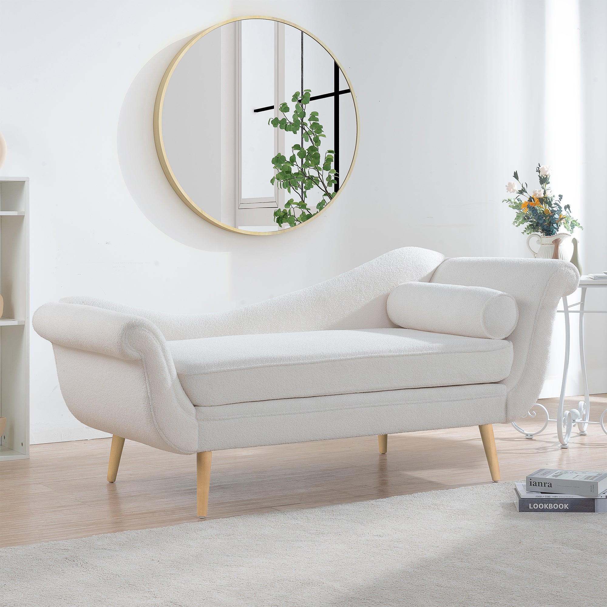 Chaise Lounge With Scroll Arms White Fabric