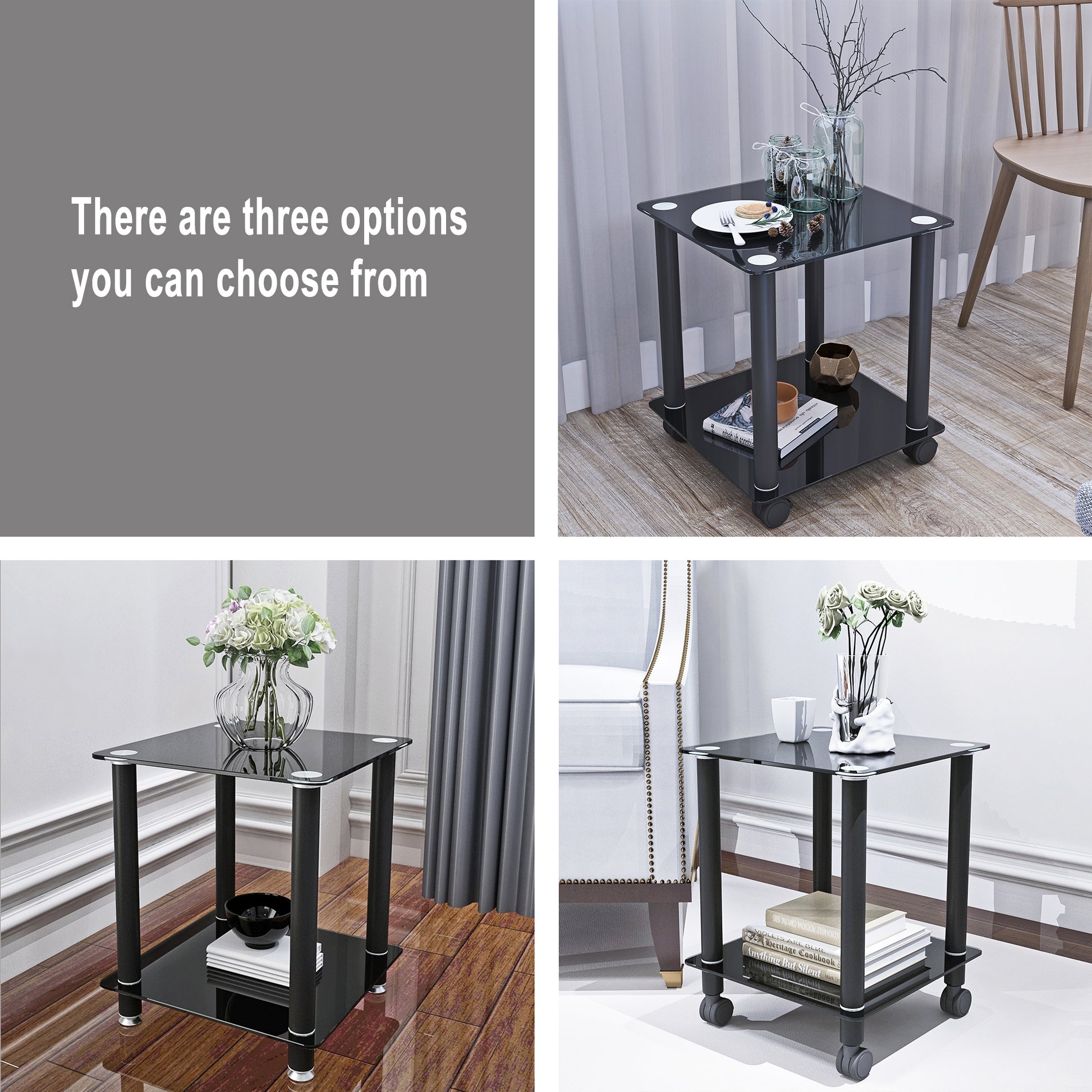 2 Piece Black Side Table2 Tier Space End Table ,Modern Night Stand, Sofa Table, Side Table With Storage Shelve Black Glass