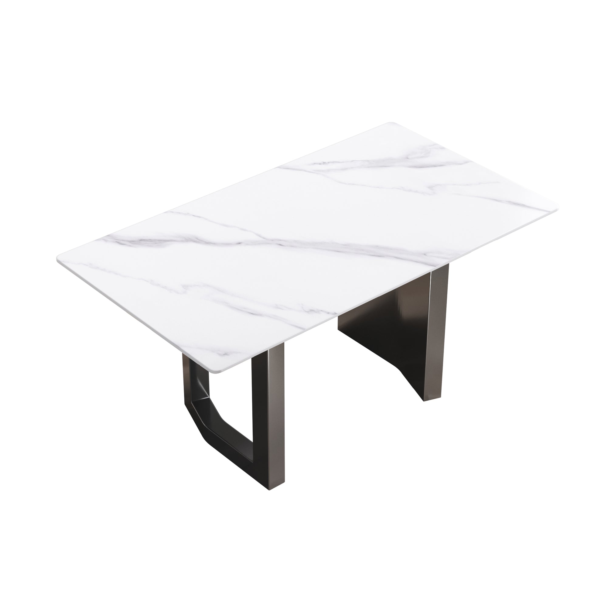 63"Modern Artificial Stone White Straight Edge Black Metal Leg Dining Table 6 People White Metal Sintered Stone