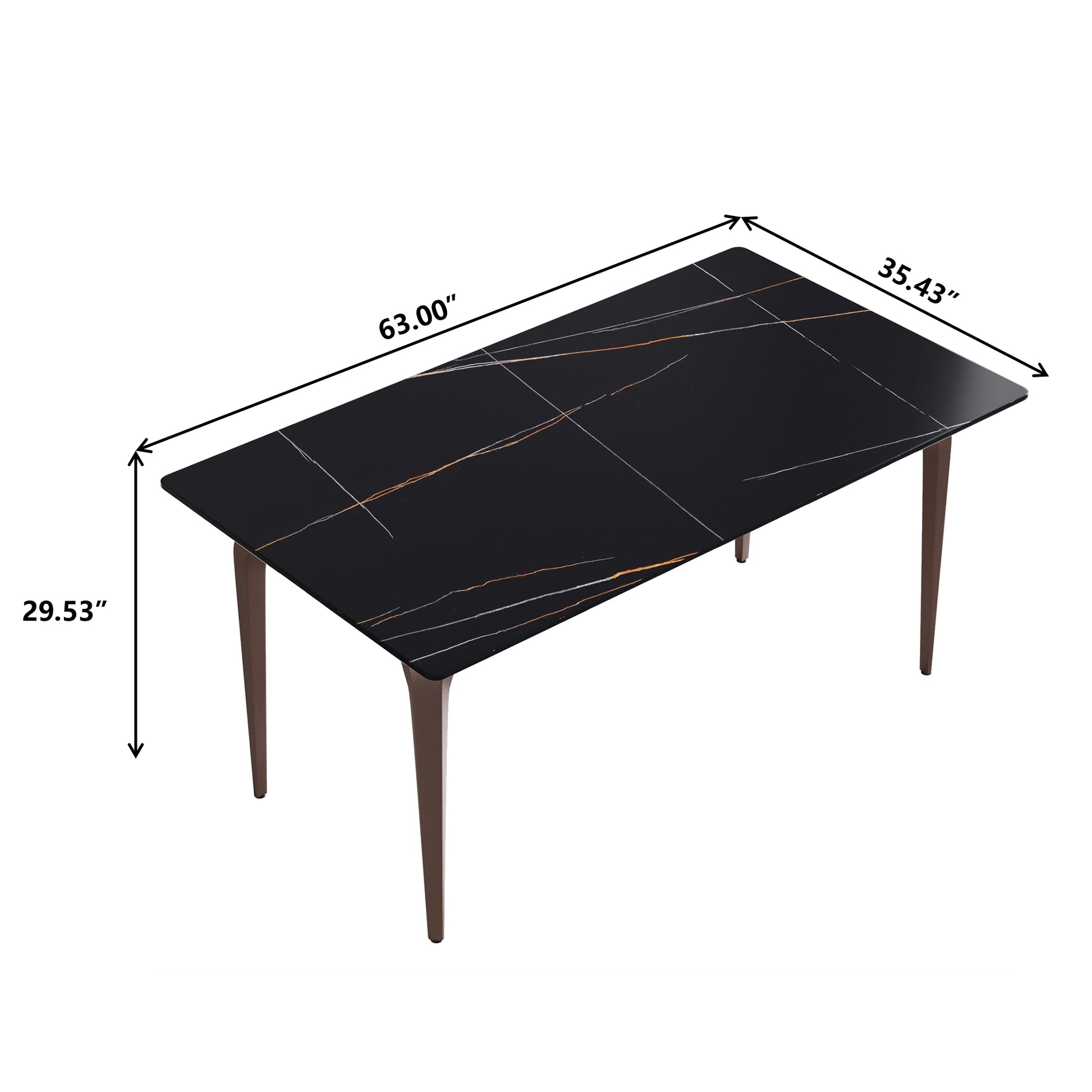 63"Modern Artificial Stone Black Straight Edge Metal Leg Dining Table 6 People Black Metal Sintered Stone