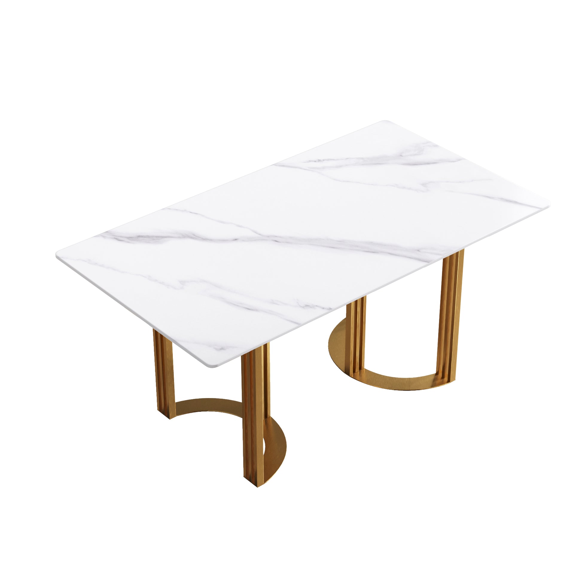 63"Modern Artificial Stone White Straight Edge Golden Metal Leg Dining Table 6 People White Metal Sintered Stone