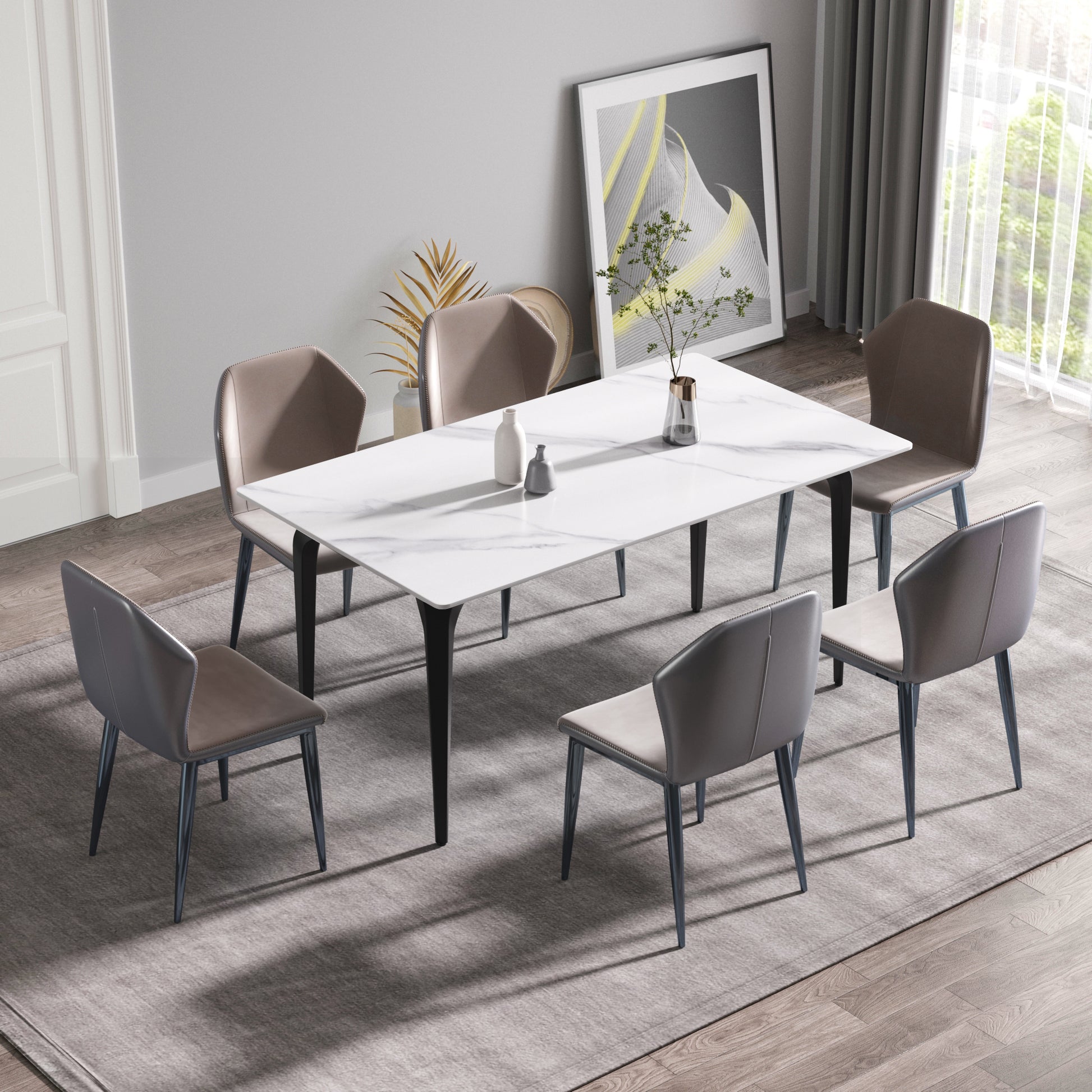63"Modern Artificial Stone White Straight Edge Black Metal Leg Dining Table 6 People White Metal Sintered Stone