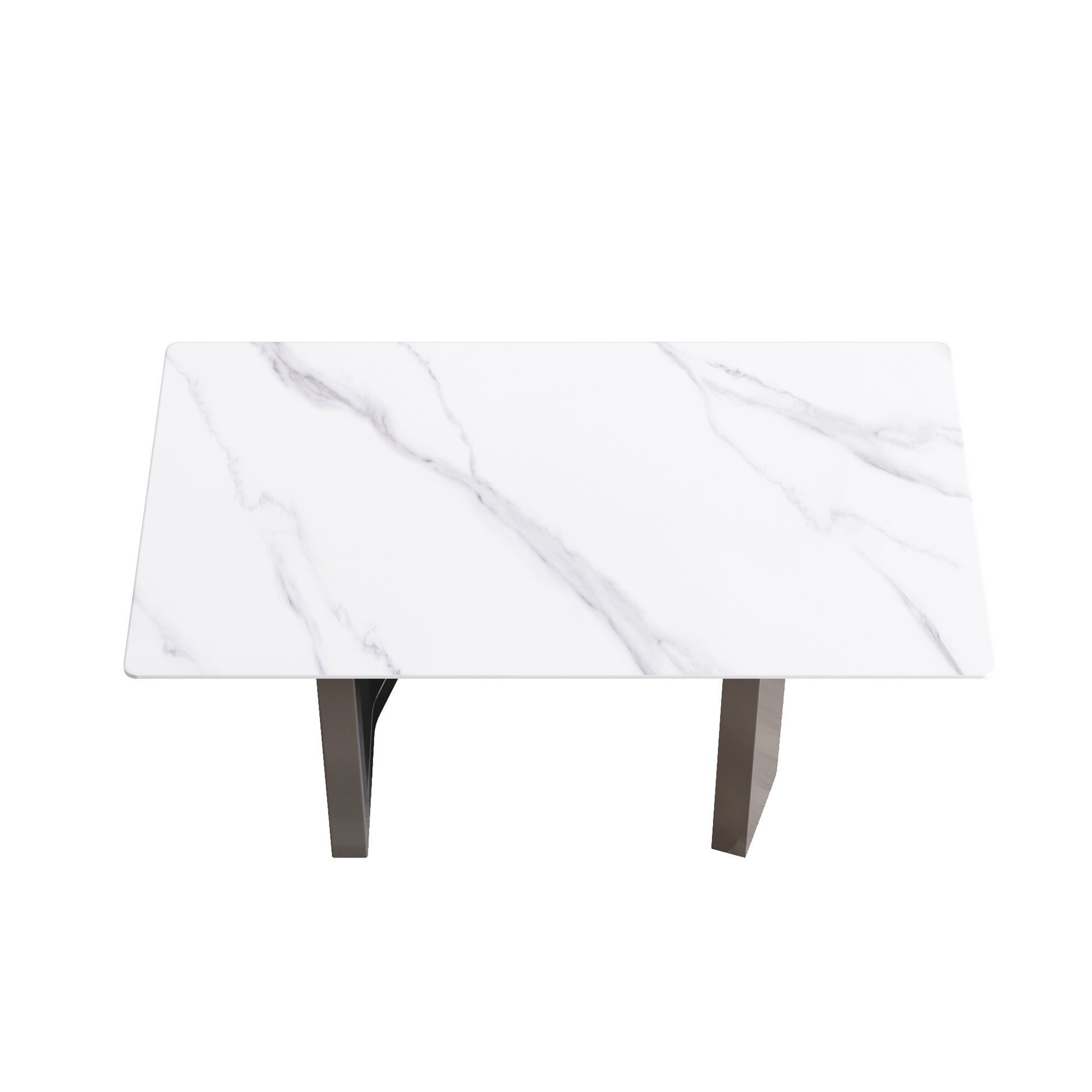 63"Modern Artificial Stone White Straight Edge Black Metal Leg Dining Table 6 People White Metal Sintered Stone