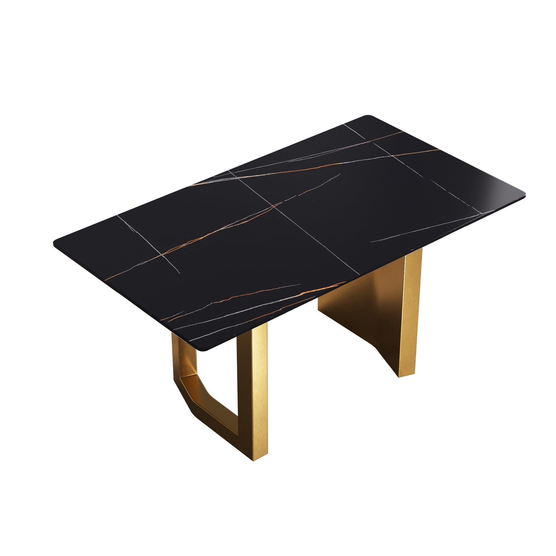 63"Modern Artificial Stone Black Straight Edge Golden Metal Leg Dining Table 6 People Black Metal Sintered Stone