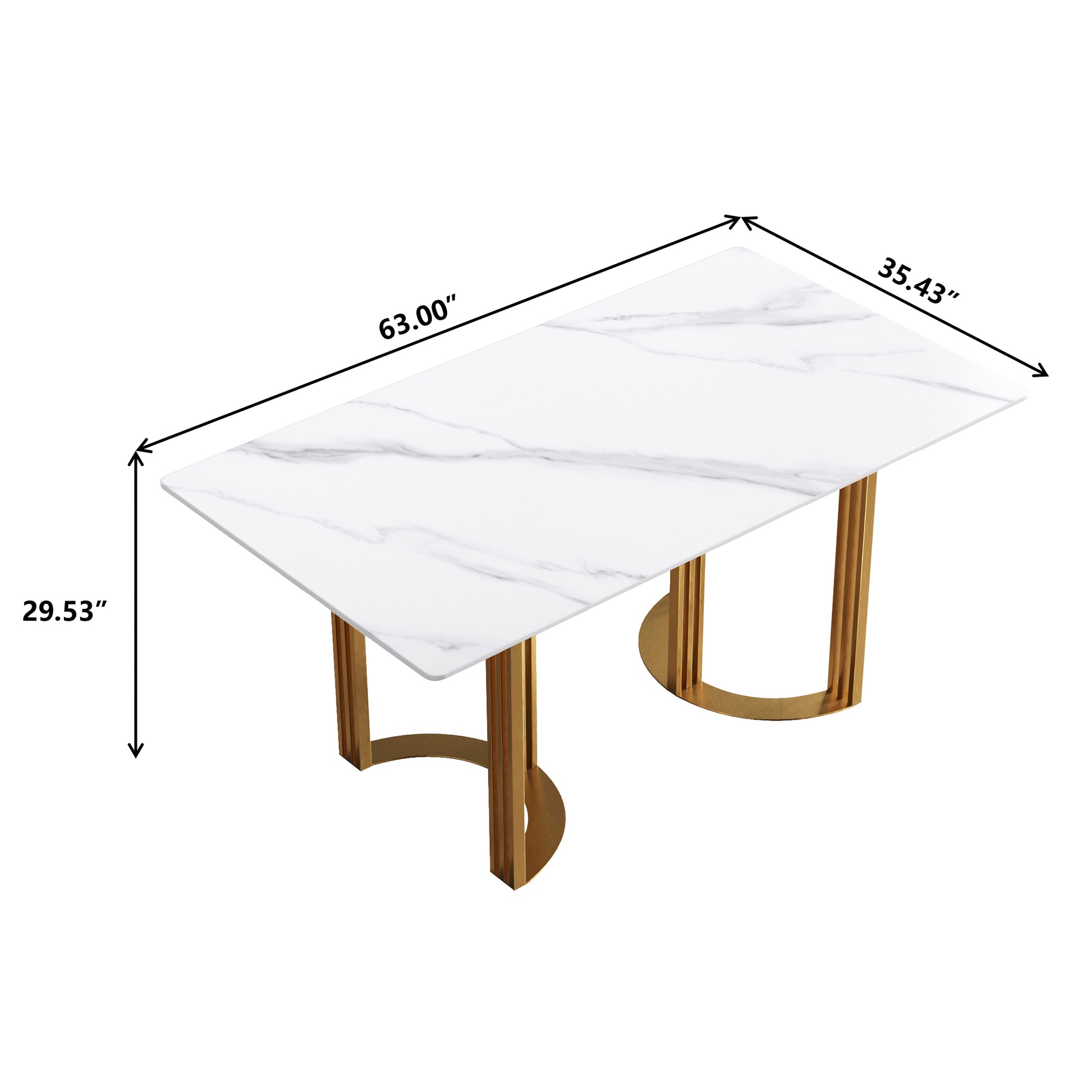 63"Modern Artificial Stone White Straight Edge Golden Metal Leg Dining Table 6 People White Metal Sintered Stone