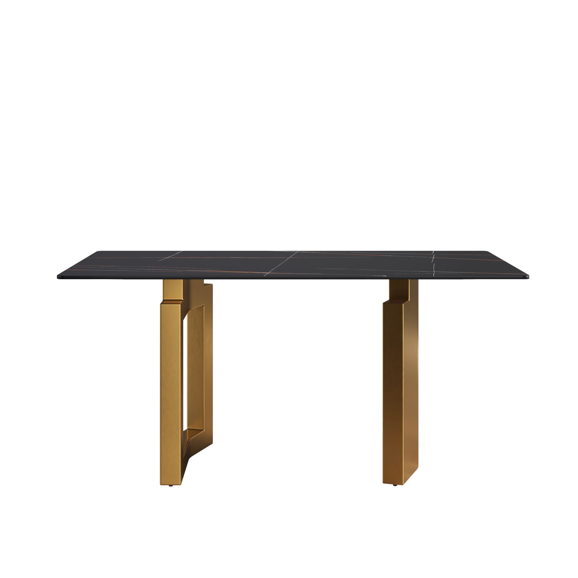 63"Modern Artificial Stone Black Straight Edge Golden Metal Leg Dining Table 6 People Black Metal Sintered Stone