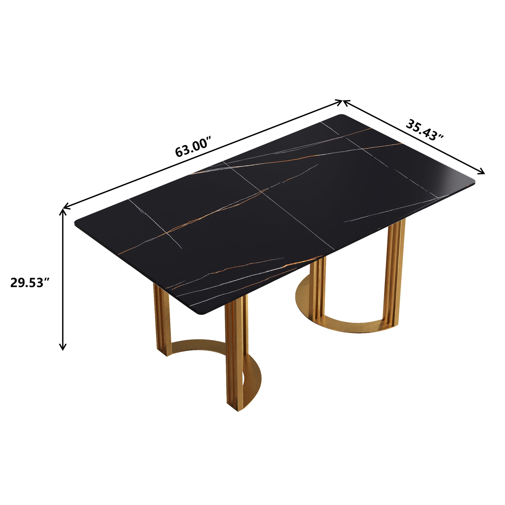 63"Modern Artificial Stone Black Straight Edge Golden Metal Leg Dining Table 6 People Black Metal Sintered Stone