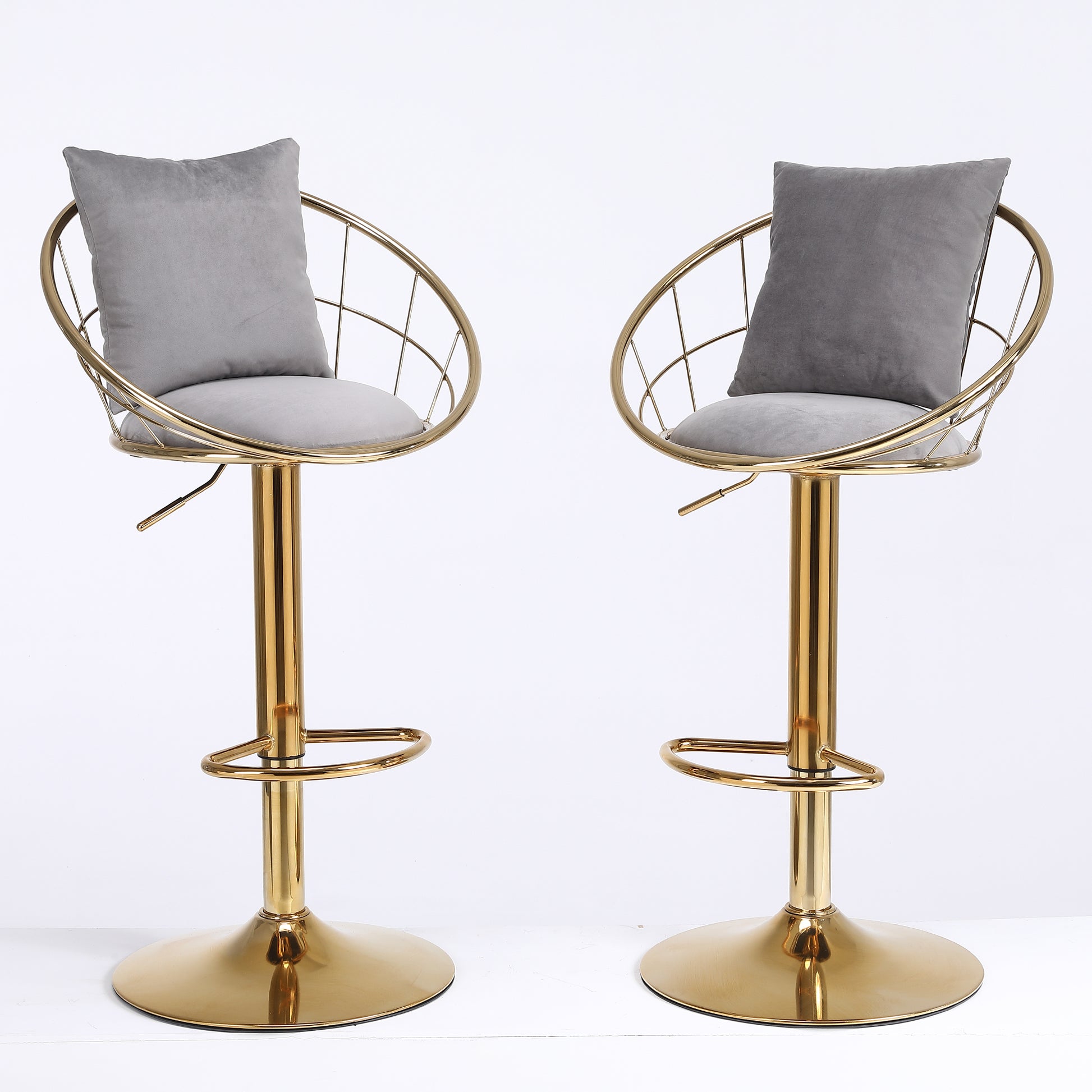 Grey Velvet Bar Chair, Pure Gold Plated, Unique Design,360 Degree Rotation, Adjustable Height,Suitable For Dinning Room And Bar,Set Of 2 Grey Velvet